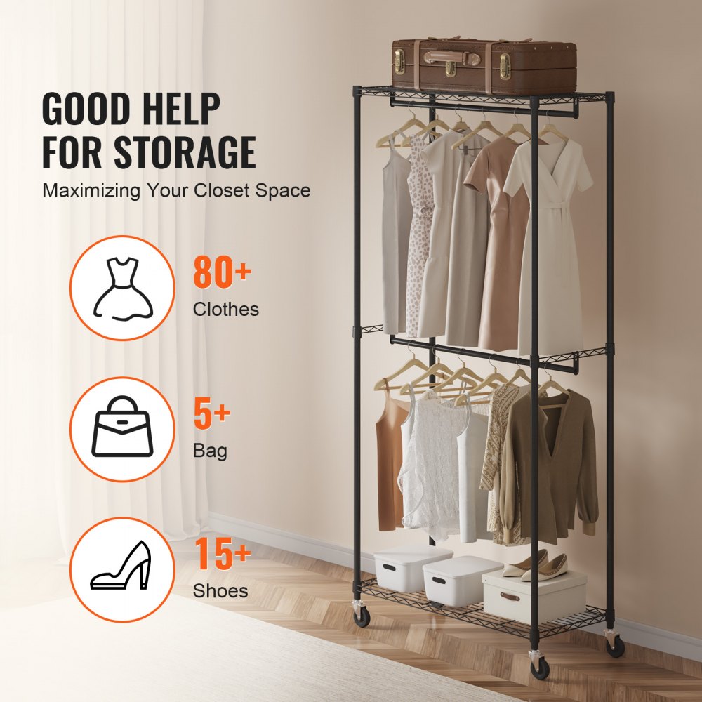 VEVOR Heavy Duty Clothes Rack, Double Hanging Rods Clothing Garment Rack with Bottom and Top Storage Tier, Rolling Clothing Rack for Hanging Clothes, 1'' Diameter Thicken Steel Tube Hold Up to 300Lbs 