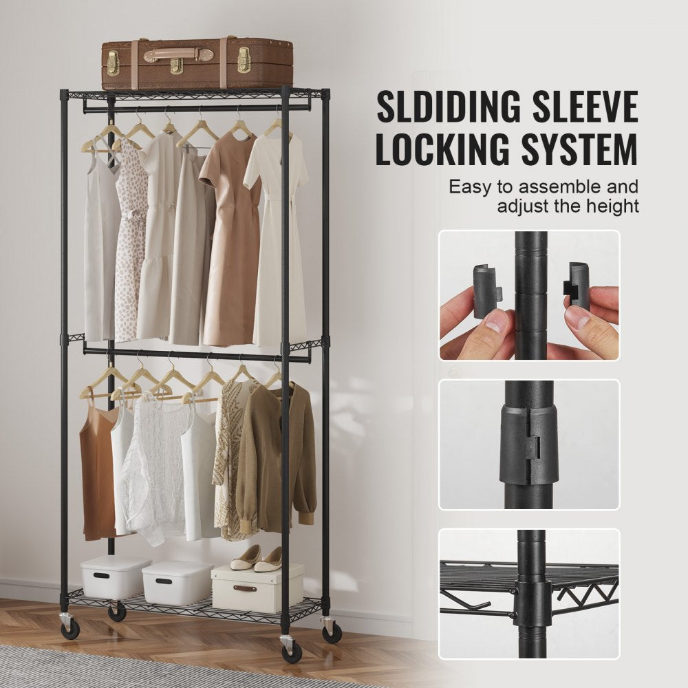 VEVOR Heavy Duty Clothes Rack, Double Hanging Rods Clothing Garment Rack with Bottom and Top Storage Tier, Rolling Clothing Rack for Hanging Clothes, 1'' Diameter Thicken Steel Tube Hold Up to 300Lbs 