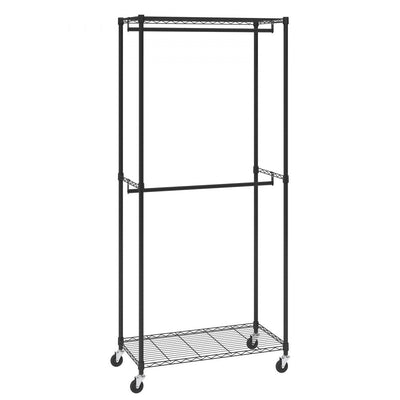 VEVOR Heavy Duty Clothes Rack, Double Hanging Rods Clothing Garment Rack with Bottom and Top Storage Tier, Rolling Clothing Rack for Hanging Clothes, 1'' Diameter Thicken Steel Tube Hold Up to 300Lbs 