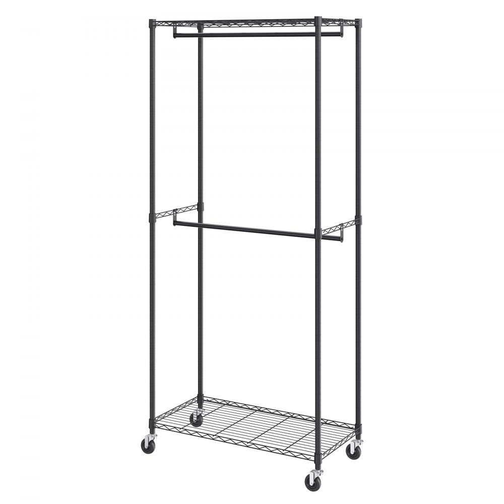 VEVOR Heavy Duty Clothes Rack, Double Hanging Rods Clothing Garment Rack with Bottom and Top Storage Tier, Rolling Clothing Rack for Hanging Clothes, 1'' Diameter Thicken Steel Tube Hold Up to 300Lbs 