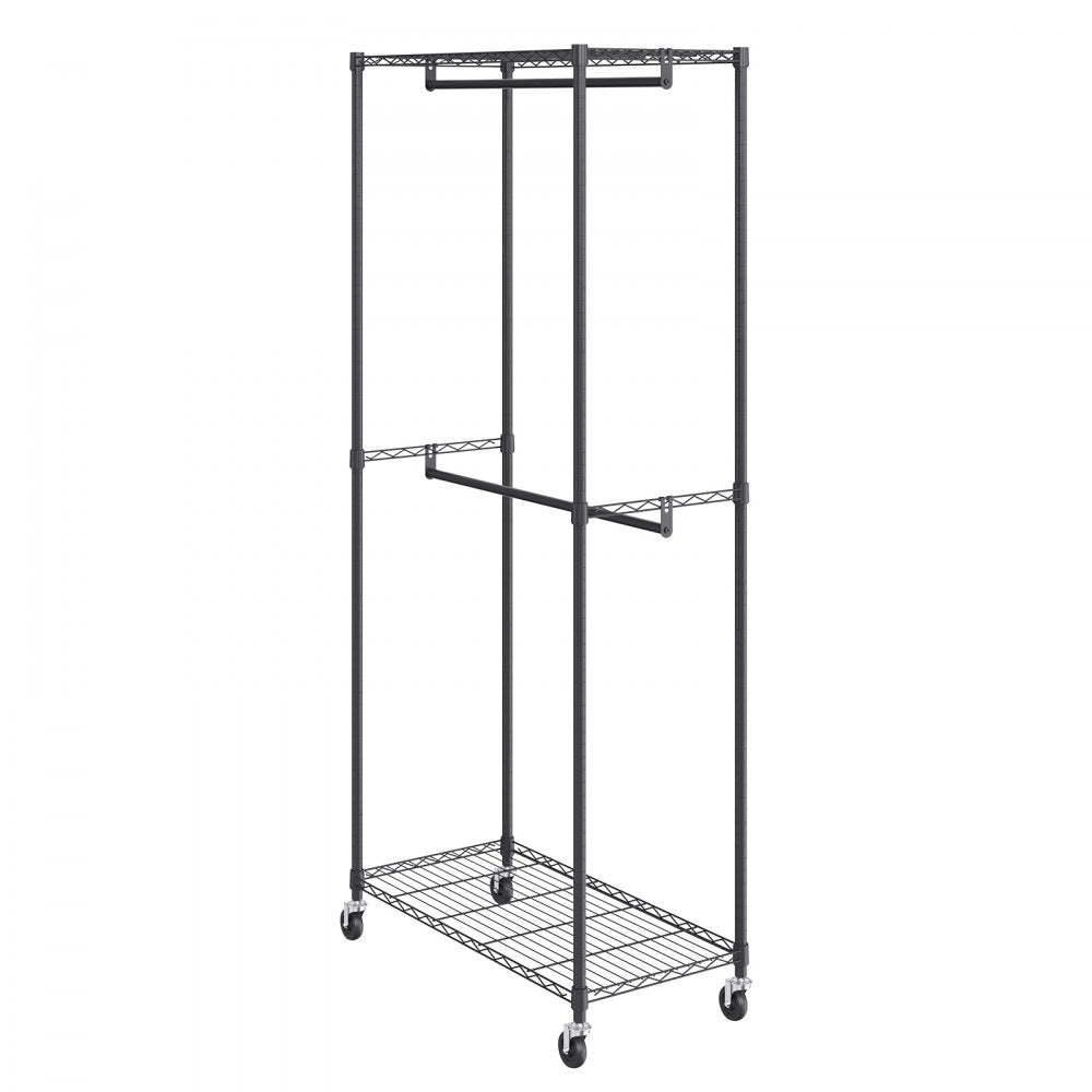 VEVOR Heavy Duty Clothes Rack, Double Hanging Rods Clothing Garment Rack with Bottom and Top Storage Tier, Rolling Clothing Rack for Hanging Clothes, 1'' Diameter Thicken Steel Tube Hold Up to 300Lbs 