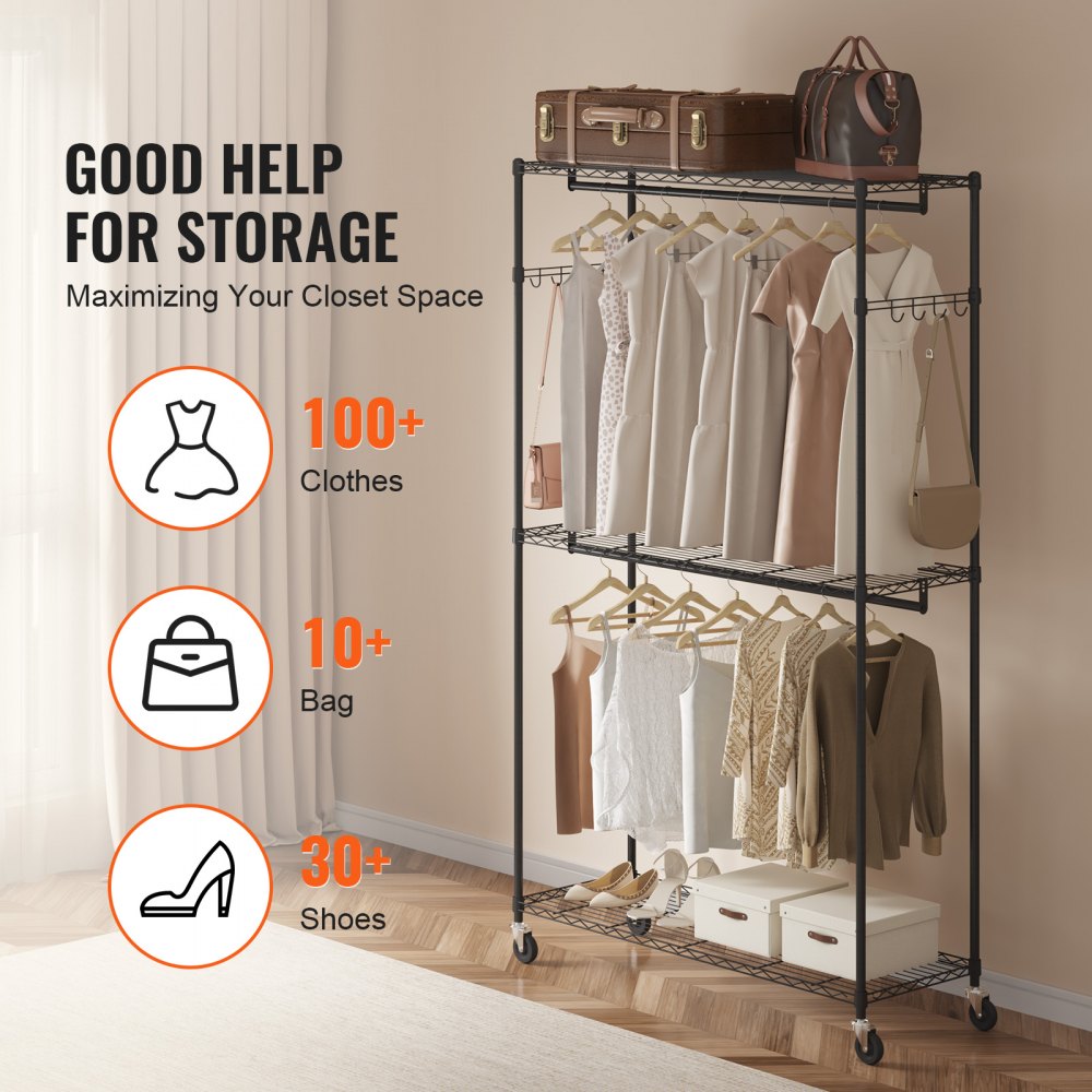 VEVOR Heavy Duty Clothes Rack, Rolling Clothing Garment Rack with 3 Storage Tiers, 2 Rods and 2 Pairs Side Hooks, Adjustable Height Clothing Rack Closet for Hanging Clothes, 400 Lbs Load Capacity 