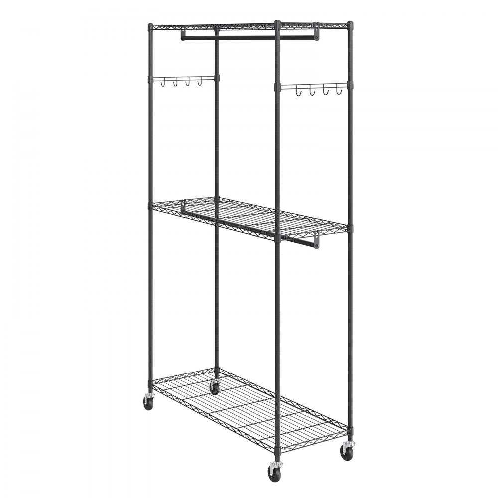 VEVOR Heavy Duty Clothes Rack, Rolling Clothing Garment Rack with 3 Storage Tiers, 2 Rods and 2 Pairs Side Hooks, Adjustable Height Clothing Rack Closet for Hanging Clothes, 400 Lbs Load Capacity 