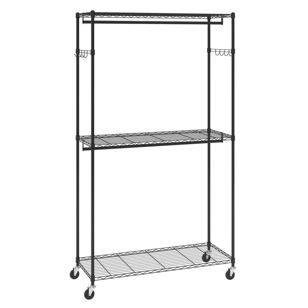 VEVOR Heavy Duty Clothes Rack, Rolling Clothing Garment Rack with 3 Storage Tiers, 2 Rods and 2 Pairs Side Hooks, Adjustable Height Clothing Rack Closet for Hanging Clothes, 400 Lbs Load Capacity 
