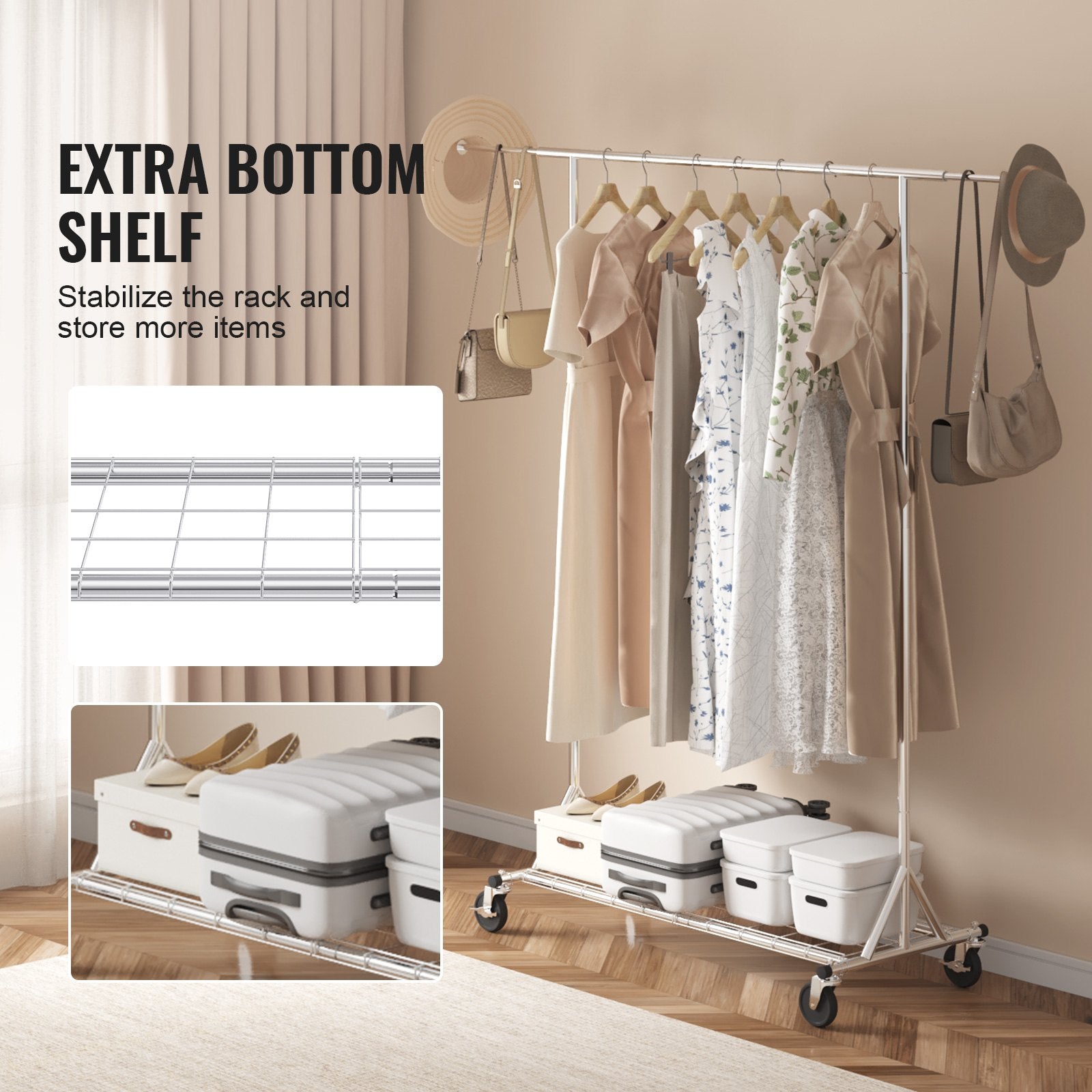 VEVOR Clothes Rack with Wheels, Heavy Duty Clothing Garment Rack, Commercial Clothing Rack for Hanging Clothes with Bottom Storage Area, 450 lbs Load Capacity, Adjustable Height and Extendable Length 