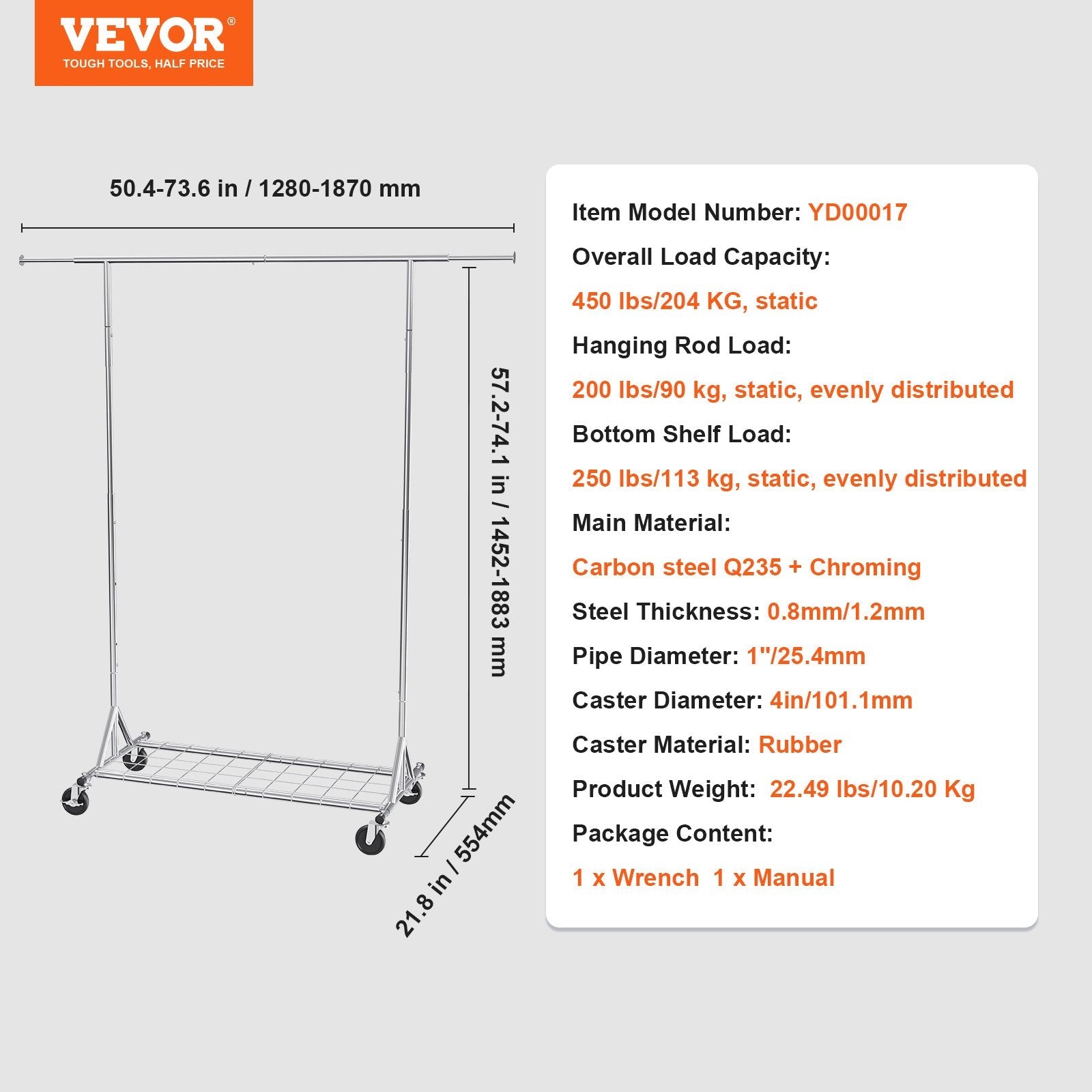 VEVOR Clothes Rack with Wheels, Heavy Duty Clothing Garment Rack, Commercial Clothing Rack for Hanging Clothes with Bottom Storage Area, 450 lbs Load Capacity, Adjustable Height and Extendable Length 