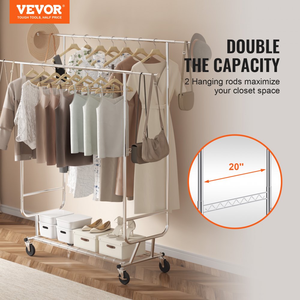 VEVOR Heavy Duty Clothes Rack, Double Hanging Rod Clothing Garment Rack for Hanging Clothes, Adjustable Height and Extendable Length Clothing Rack with Bottom Storage Area, 600 lbs Load Capacity 