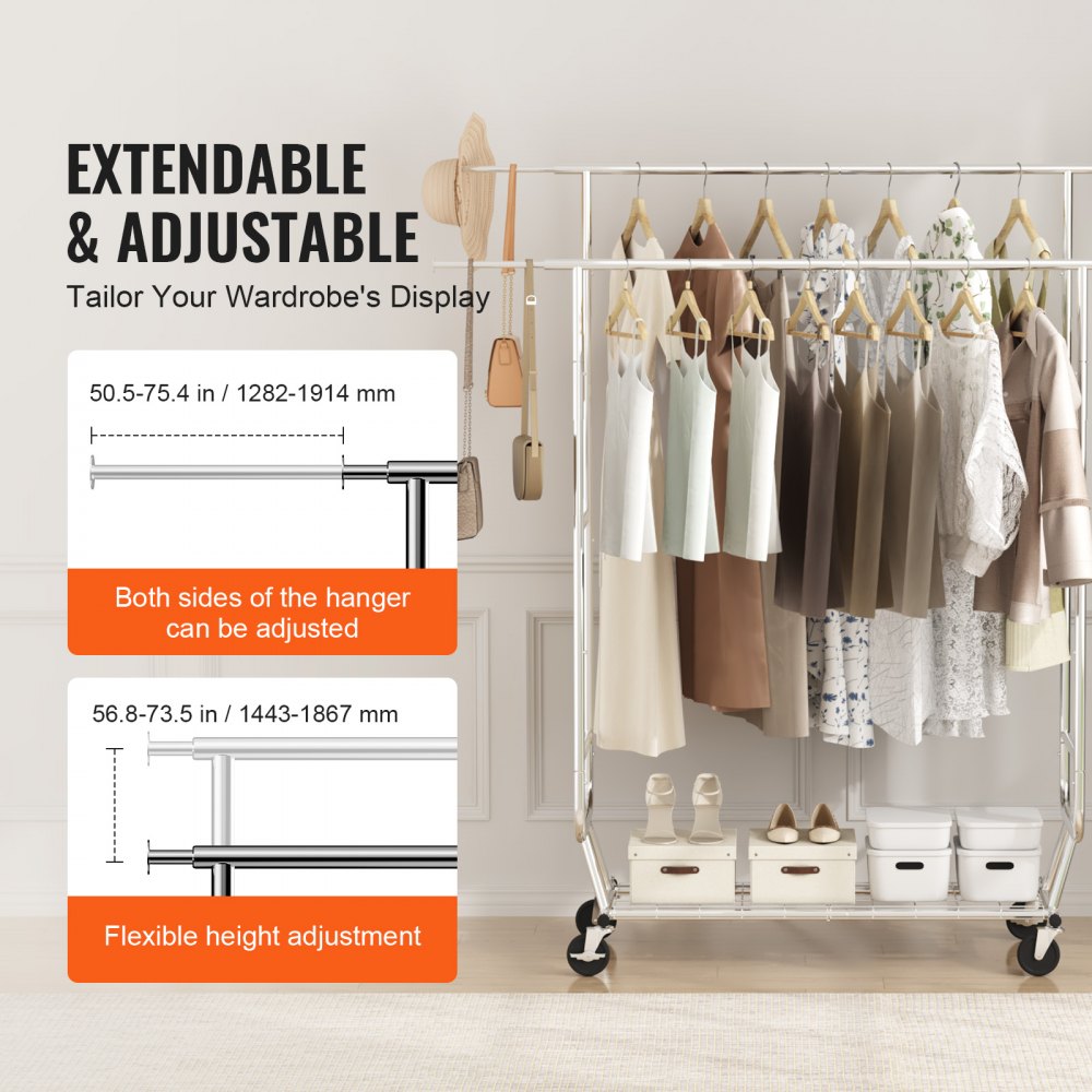 VEVOR Heavy Duty Clothes Rack, Double Hanging Rod Clothing Garment Rack for Hanging Clothes, Adjustable Height and Extendable Length Clothing Rack with Bottom Storage Area, 600 lbs Load Capacity 
