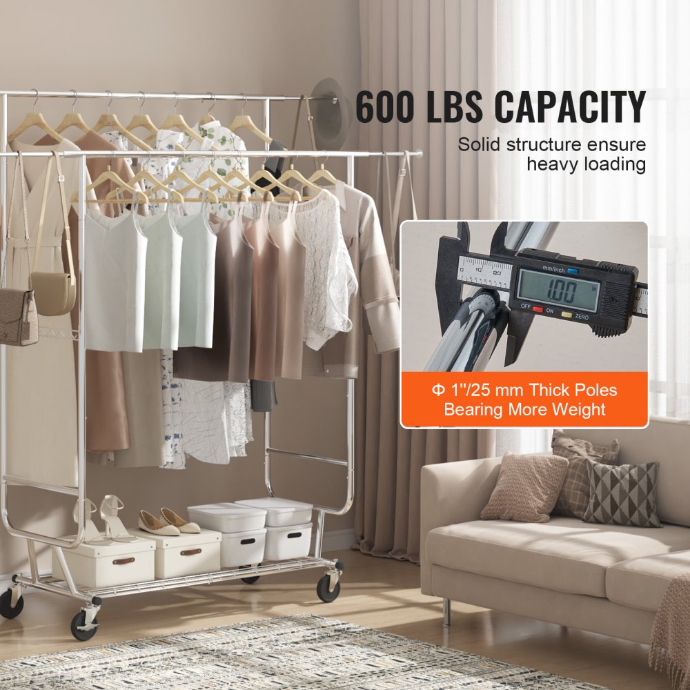 VEVOR Heavy Duty Clothes Rack, Double Hanging Rod Clothing Garment Rack for Hanging Clothes, Adjustable Height and Extendable Length Clothing Rack with Bottom Storage Area, 600 lbs Load Capacity 