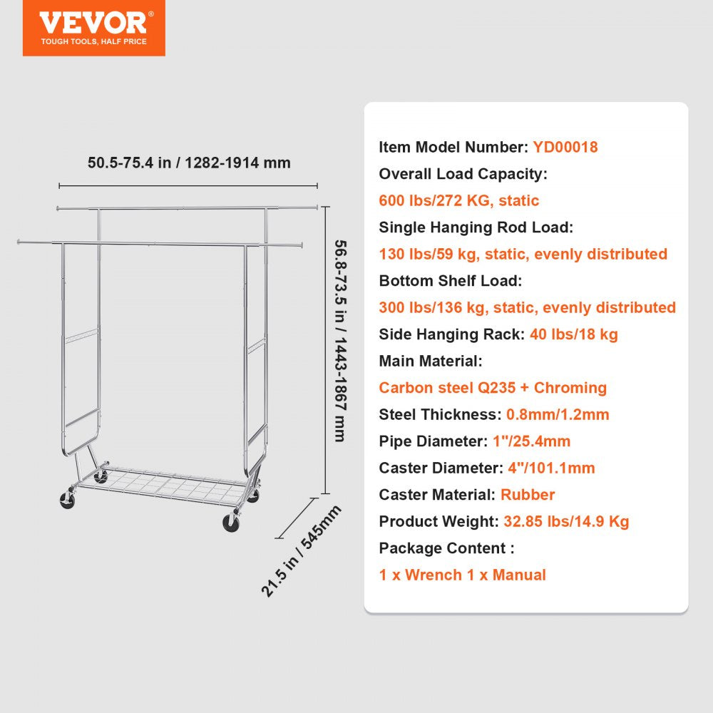 VEVOR Heavy Duty Clothes Rack, Double Hanging Rod Clothing Garment Rack for Hanging Clothes, Adjustable Height and Extendable Length Clothing Rack with Bottom Storage Area, 600 lbs Load Capacity 