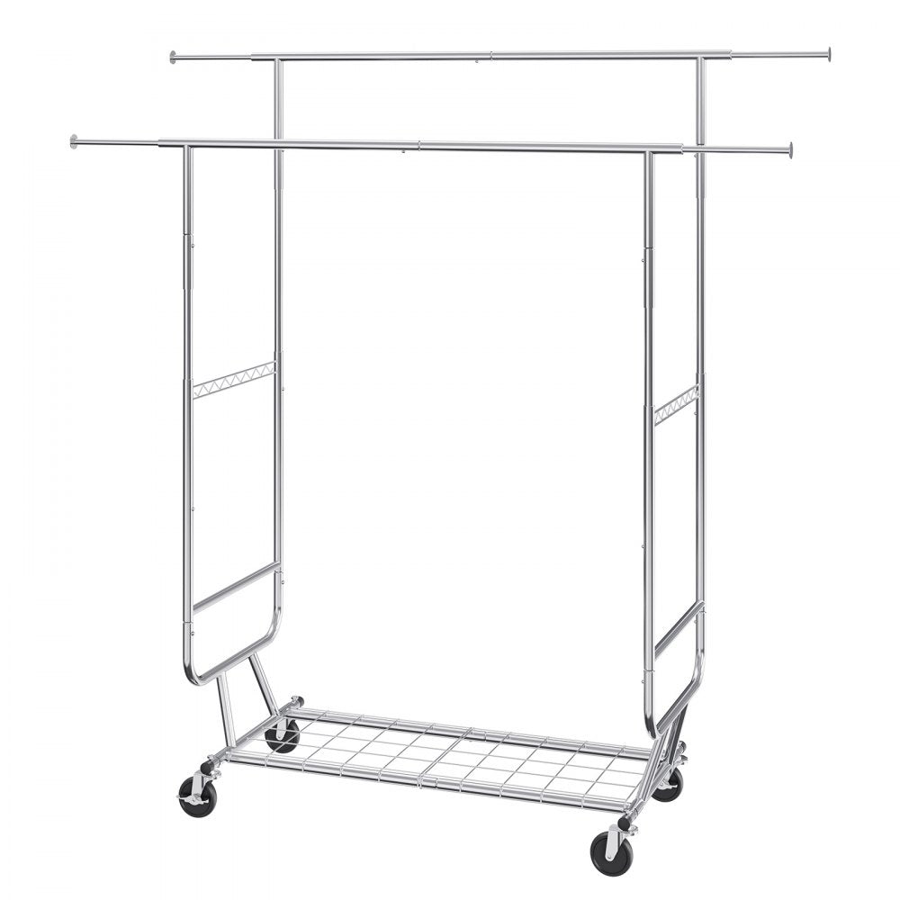 VEVOR Heavy Duty Clothes Rack, Double Hanging Rod Clothing Garment Rack for Hanging Clothes, Adjustable Height and Extendable Length Clothing Rack with Bottom Storage Area, 600 lbs Load Capacity 