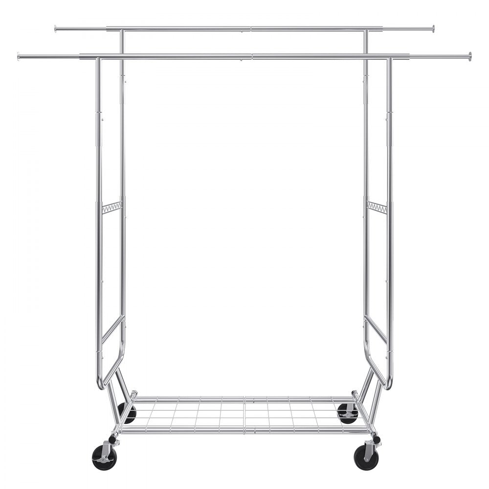 VEVOR Heavy Duty Clothes Rack, Double Hanging Rod Clothing Garment Rack for Hanging Clothes, Adjustable Height and Extendable Length Clothing Rack with Bottom Storage Area, 600 lbs Load Capacity 