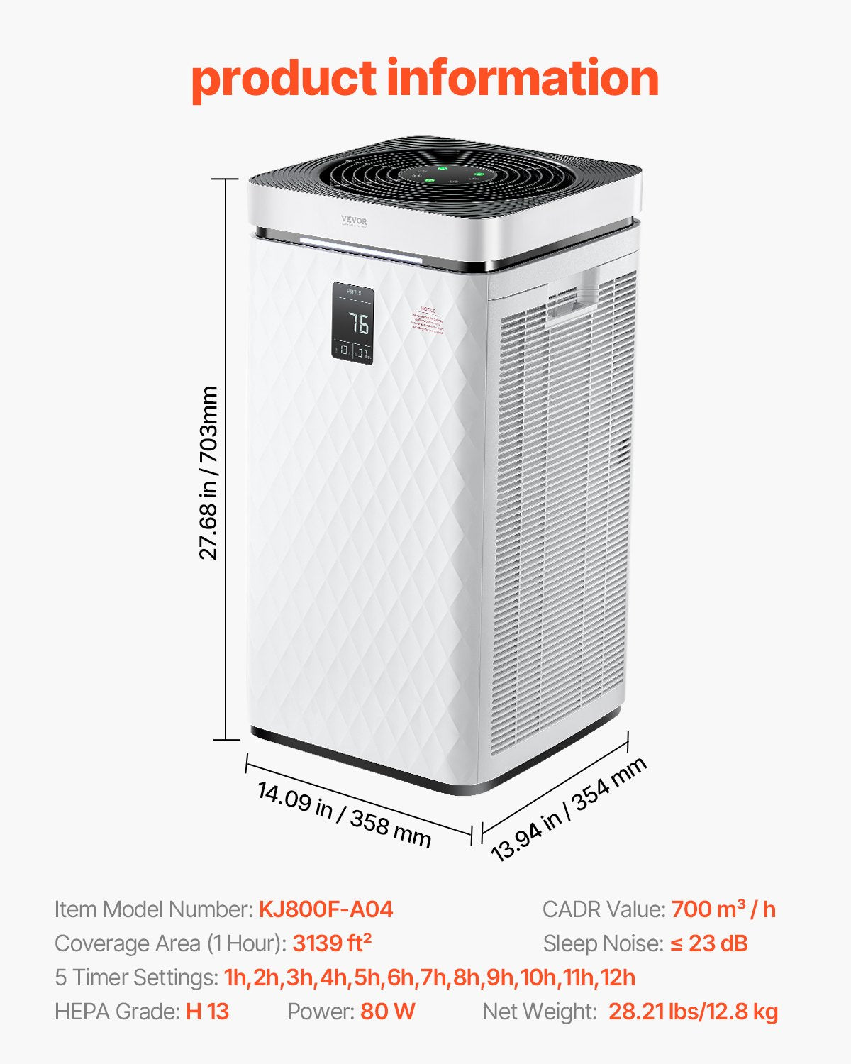 VEVOR 3139 ft²/h Air Purifier H13 HEPA Smart Air Purifier for Home & Office 