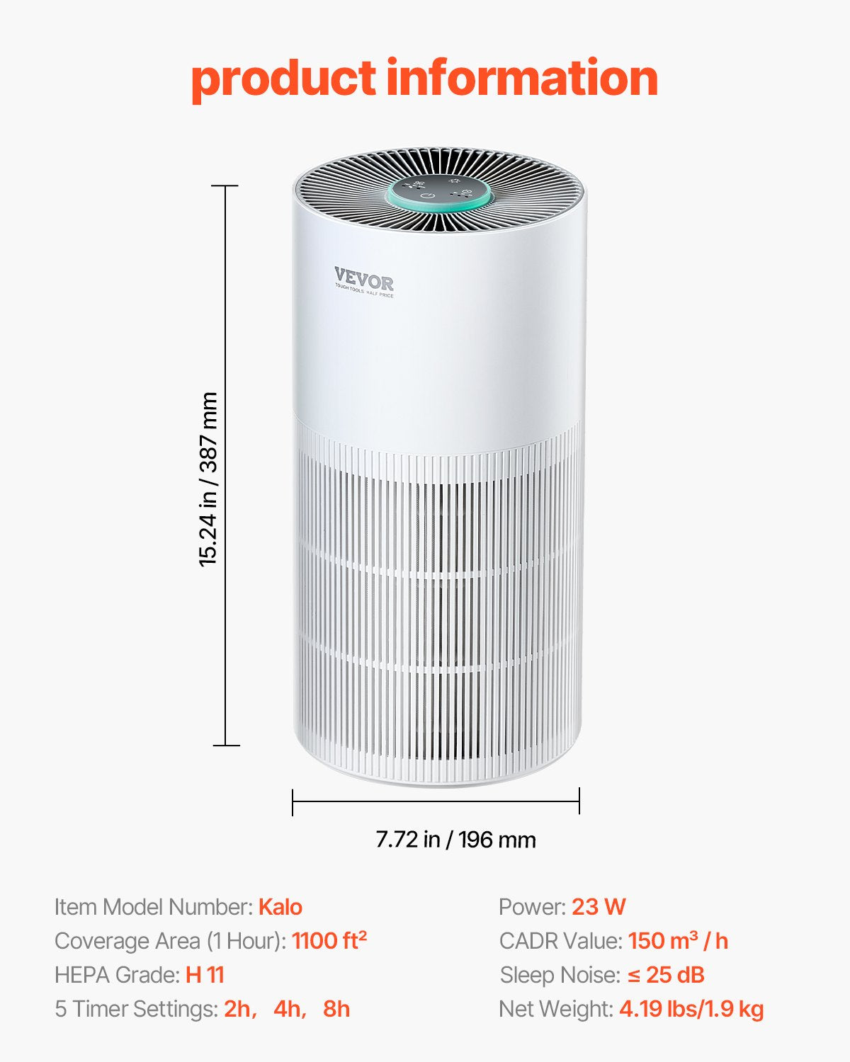 VEVOR 1100 ft²/h Air Purifier H11 HEPA Smart Air Purifier for Home & Office 