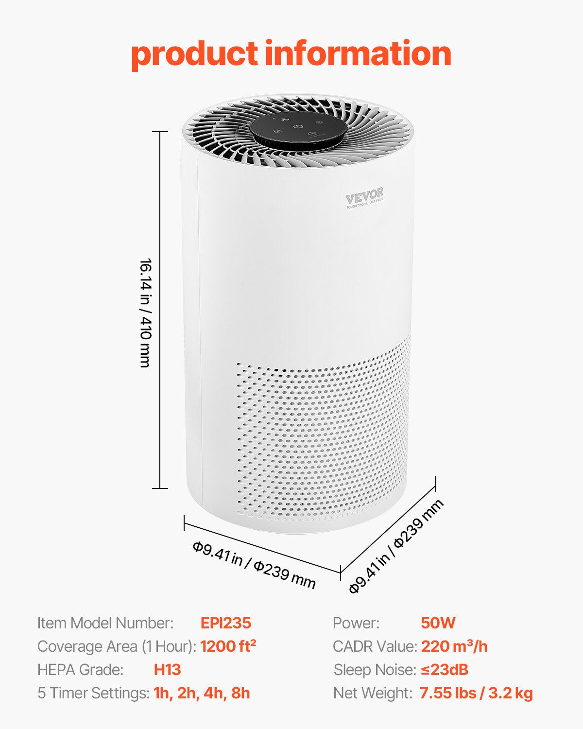 VEVOR 1200 ft²/h Air Purifier H13 HEPA Smart Air Purifier for Home & Office 