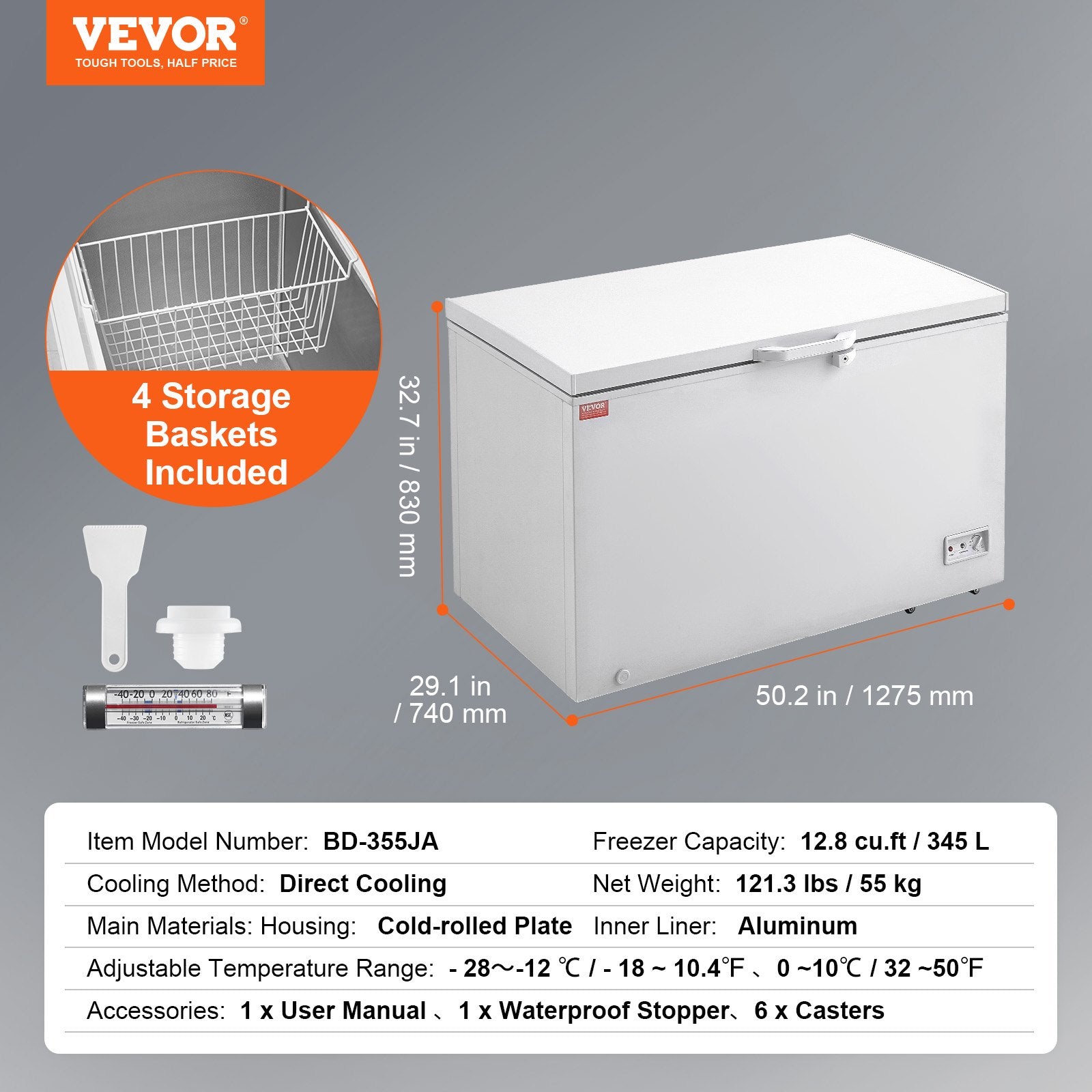 VEVOR Chest Freezer, 12.8 cu.ft / 345 L Large Deep Freezer & 4 Removable Baskets, Freestanding Top Open Door Commercial Chest Freezers with Locking Lid, 7-Level Adjustable Temp, LED Lighting, 6 Wheels 