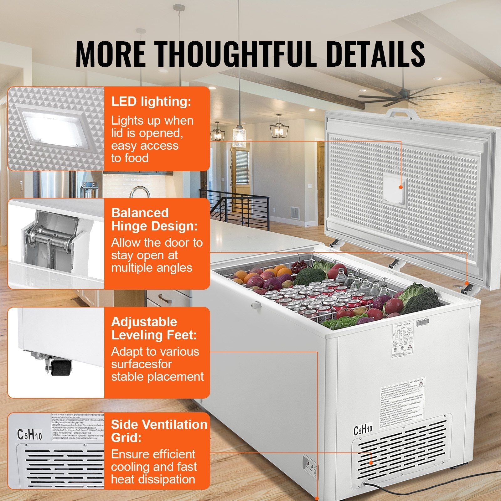 VEVOR Chest Freezer, 17.2 cu.ft / 488 L Large Deep Freezer & 4 Removable Baskets, Freestanding Top Open Door Commercial Chest Freezers with Locking Lid, 7-Level Adjustable Temp, LED Lighting, 6 Wheels 