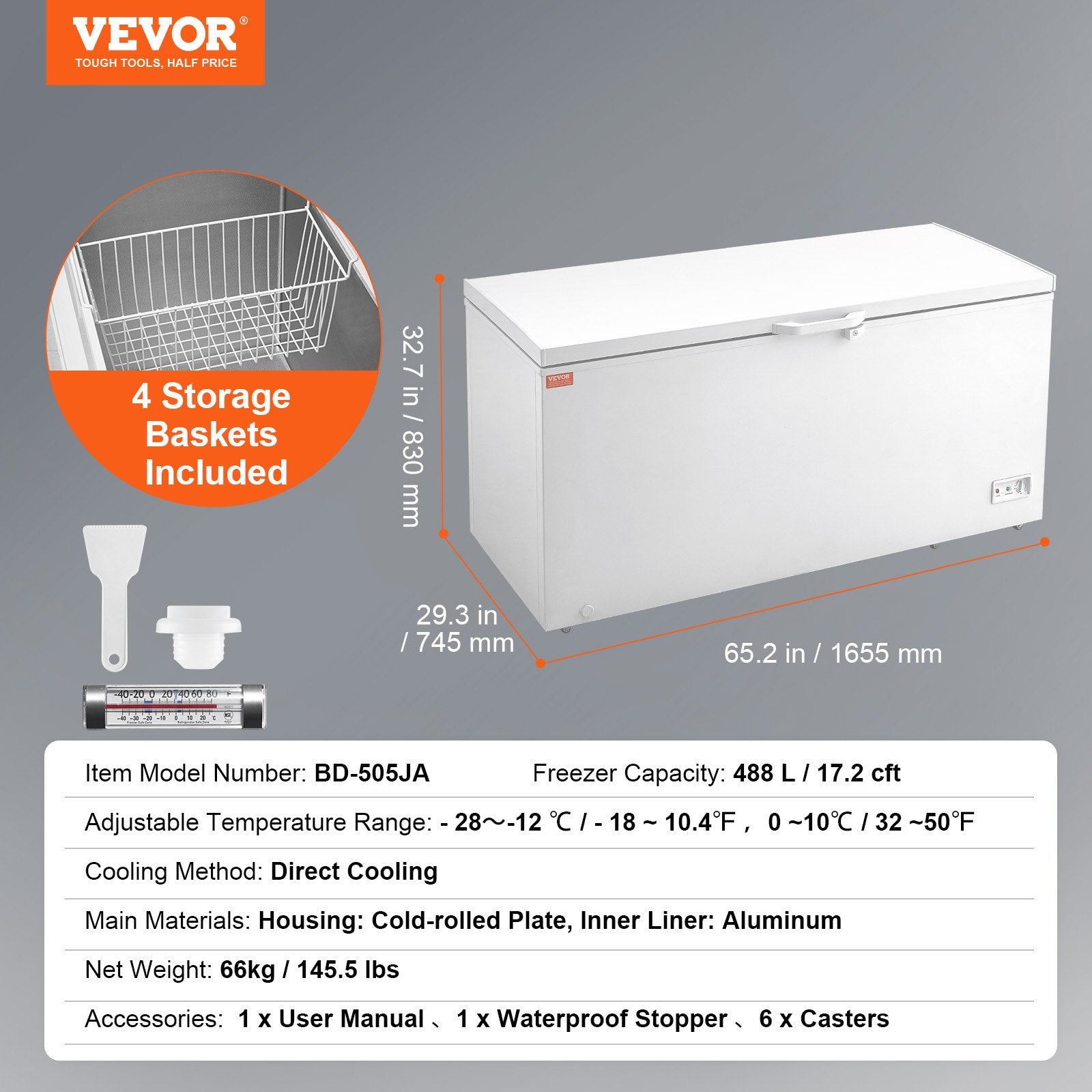VEVOR Chest Freezer, 17.2 cu.ft / 488 L Large Deep Freezer & 4 Removable Baskets, Freestanding Top Open Door Commercial Chest Freezers with Locking Lid, 7-Level Adjustable Temp, LED Lighting, 6 Wheels 