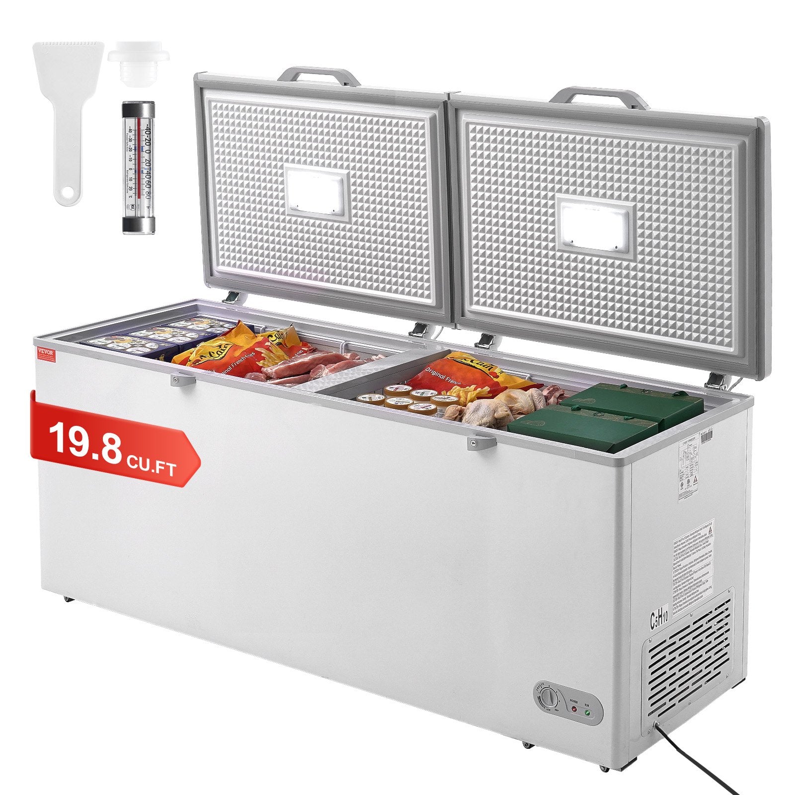 VEVOR Chest Freezer, 19.8 cu.ft / 561 L Large Deep Freezer with Split Top Double Locking Lids, Freestanding Commercial Chest Freezer & 4 Removable Baskets, 7-Level Adjustable Temp, LED Light, 6 Wheels 