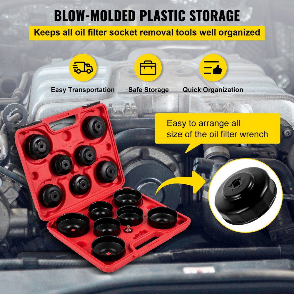 VEVOR Oil Filter Socket Set, 14 Pcs Oil Filter Wrench Set, Sturdy Steel Oil Filter Socket, 3/8" Oil Filter Socket, Low Profile Oil Filter Socket Set For Easy Access, Oil Filter Wrench Cap Set w/ Case 