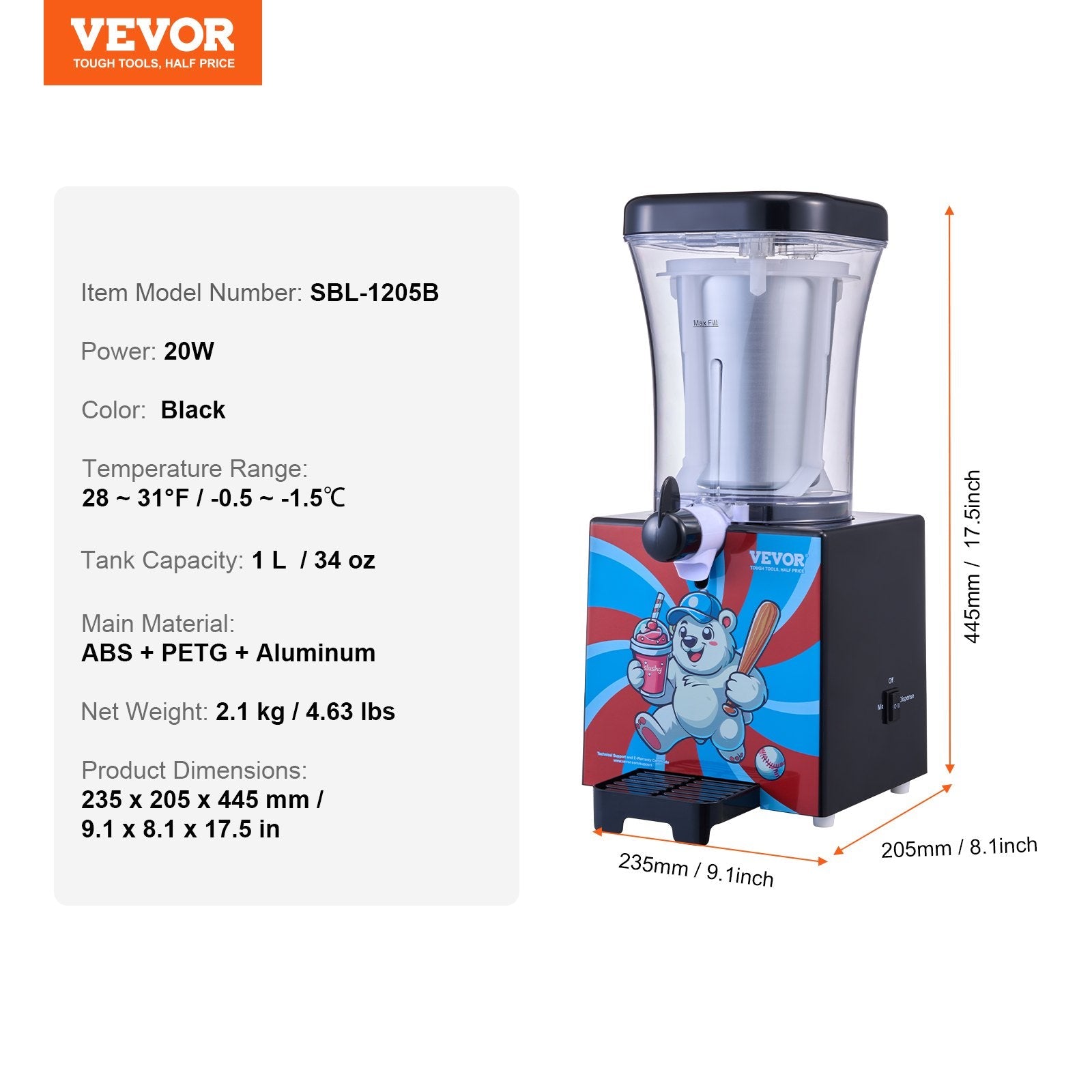 VEVOR Slushy Machine for Home Margarita Slush Maker 34oz Frozen Drink Machine 