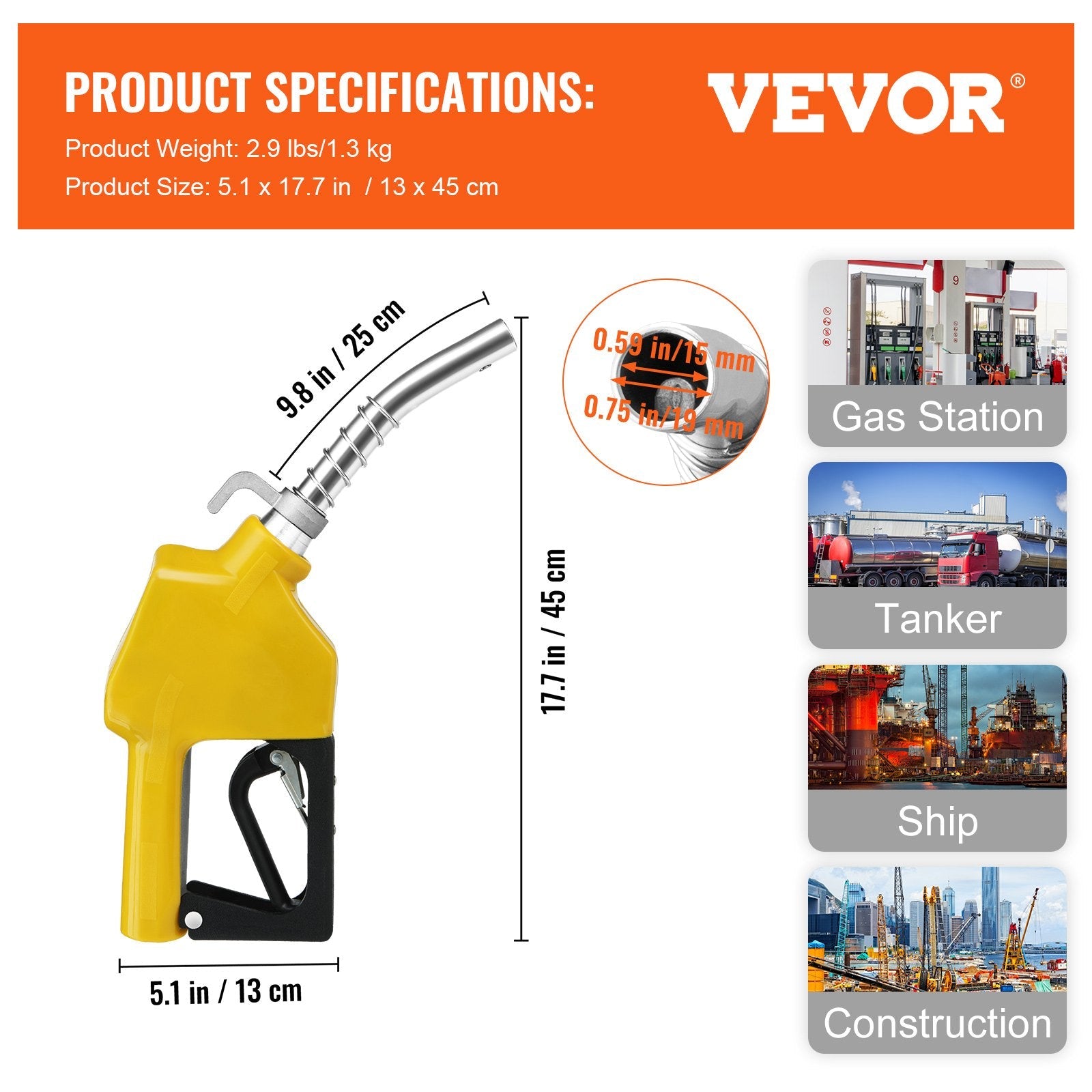 VEVOR Automatic Fuel Nozzle Shut Off Fuel Refilling 3/4" NPT 13/16" Spout Diesel 