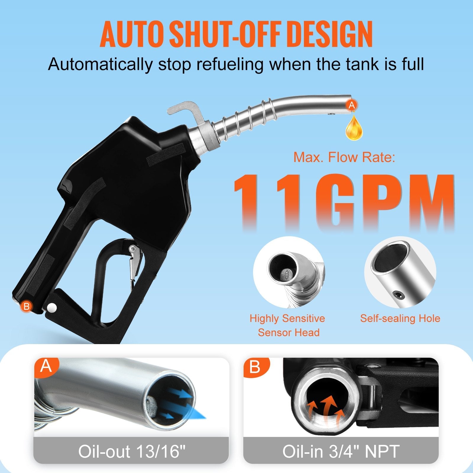 VEVOR Automatic Fuel Nozzle, 3/4" NPT Inlet Thread & 13/16" Spout, 11 GPM Max Flow Rate, Auto Shut Off, Aluminum & PVC Gas Pump Handle with 360° Swivel for Gasoline Diesel Kerosene Biodiesel Refilling 