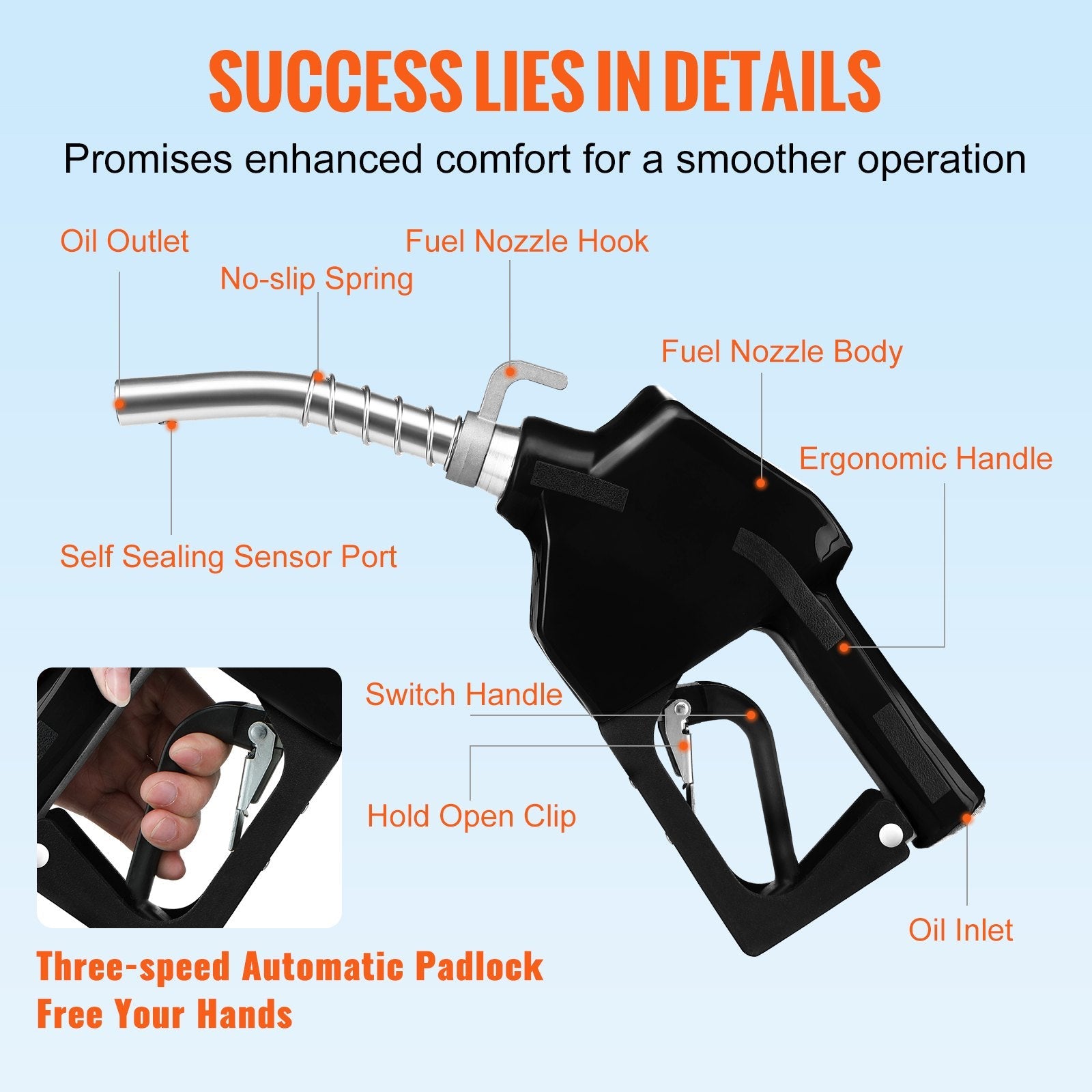 VEVOR Automatic Fuel Nozzle, 3/4" NPT Inlet Thread & 13/16" Spout, 11 GPM Max Flow Rate, Auto Shut Off, Aluminum & PVC Gas Pump Handle with 360° Swivel for Gasoline Diesel Kerosene Biodiesel Refilling 