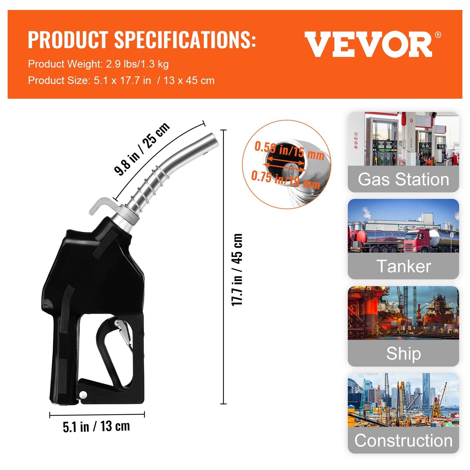 VEVOR Automatic Fuel Nozzle, 3/4" NPT Inlet Thread & 13/16" Spout, 11 GPM Max Flow Rate, Auto Shut Off, Aluminum & PVC Gas Pump Handle with 360° Swivel for Gasoline Diesel Kerosene Biodiesel Refilling 