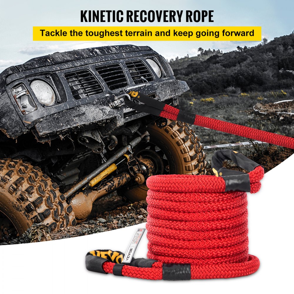 VEVOR 1" x 31.5' Recovery Tow Rope, 33,500 lbs, Heavy Duty Nylon Double Braided Kinetic Energy Rope w/ Loops and Protective Sleeves, for Truck Off-Road Vehicle ATV UTV, Carry Bag Included, Red 