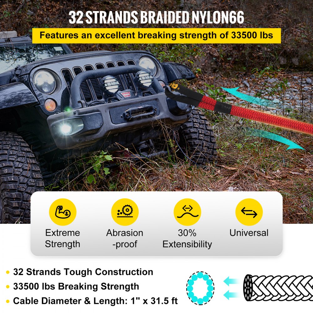 VEVOR 1" x 31.5' Recovery Tow Rope, 33,500 lbs, Heavy Duty Nylon Double Braided Kinetic Energy Rope w/ Loops and Protective Sleeves, for Truck Off-Road Vehicle ATV UTV, Carry Bag Included, Red 