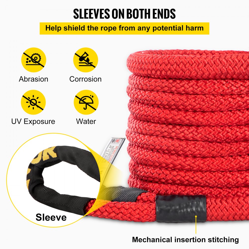 VEVOR 1" x 31.5' Recovery Tow Rope, 33,500 lbs, Heavy Duty Nylon Double Braided Kinetic Energy Rope w/ Loops and Protective Sleeves, for Truck Off-Road Vehicle ATV UTV, Carry Bag Included, Red 