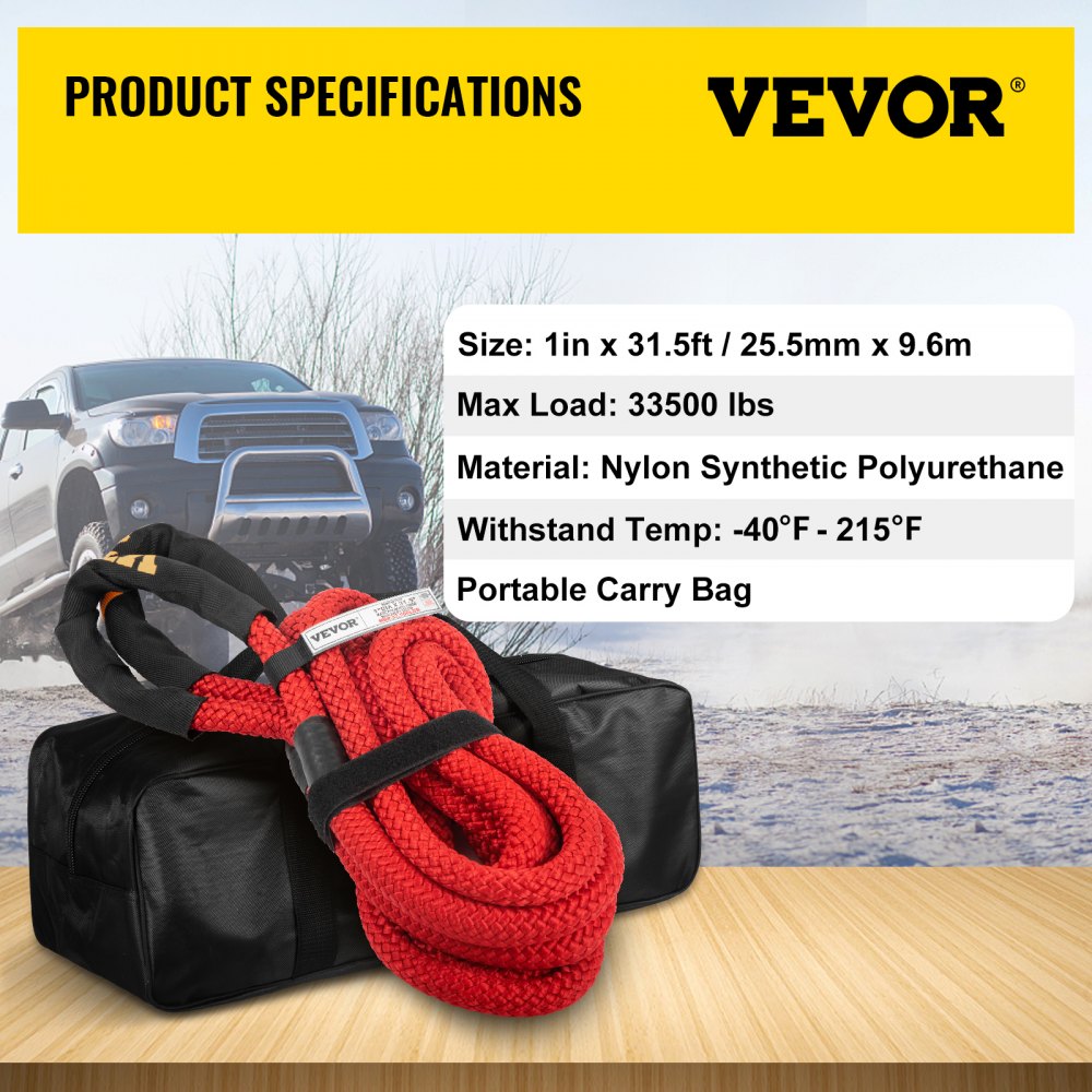 VEVOR 1" x 31.5' Recovery Tow Rope, 33,500 lbs, Heavy Duty Nylon Double Braided Kinetic Energy Rope w/ Loops and Protective Sleeves, for Truck Off-Road Vehicle ATV UTV, Carry Bag Included, Red 
