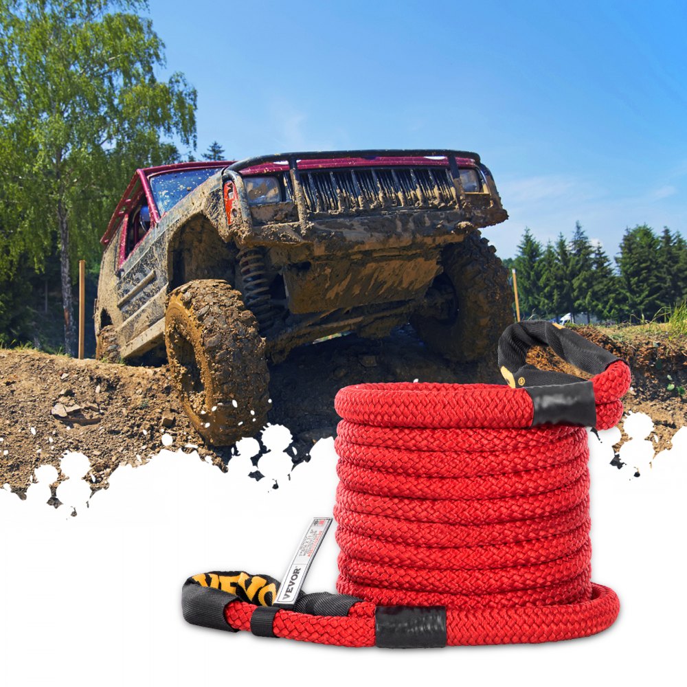 VEVOR 1" x 31.5' Recovery Tow Rope, 33,500 lbs, Heavy Duty Nylon Double Braided Kinetic Energy Rope w/ Loops and Protective Sleeves, for Truck Off-Road Vehicle ATV UTV, Carry Bag Included, Red 