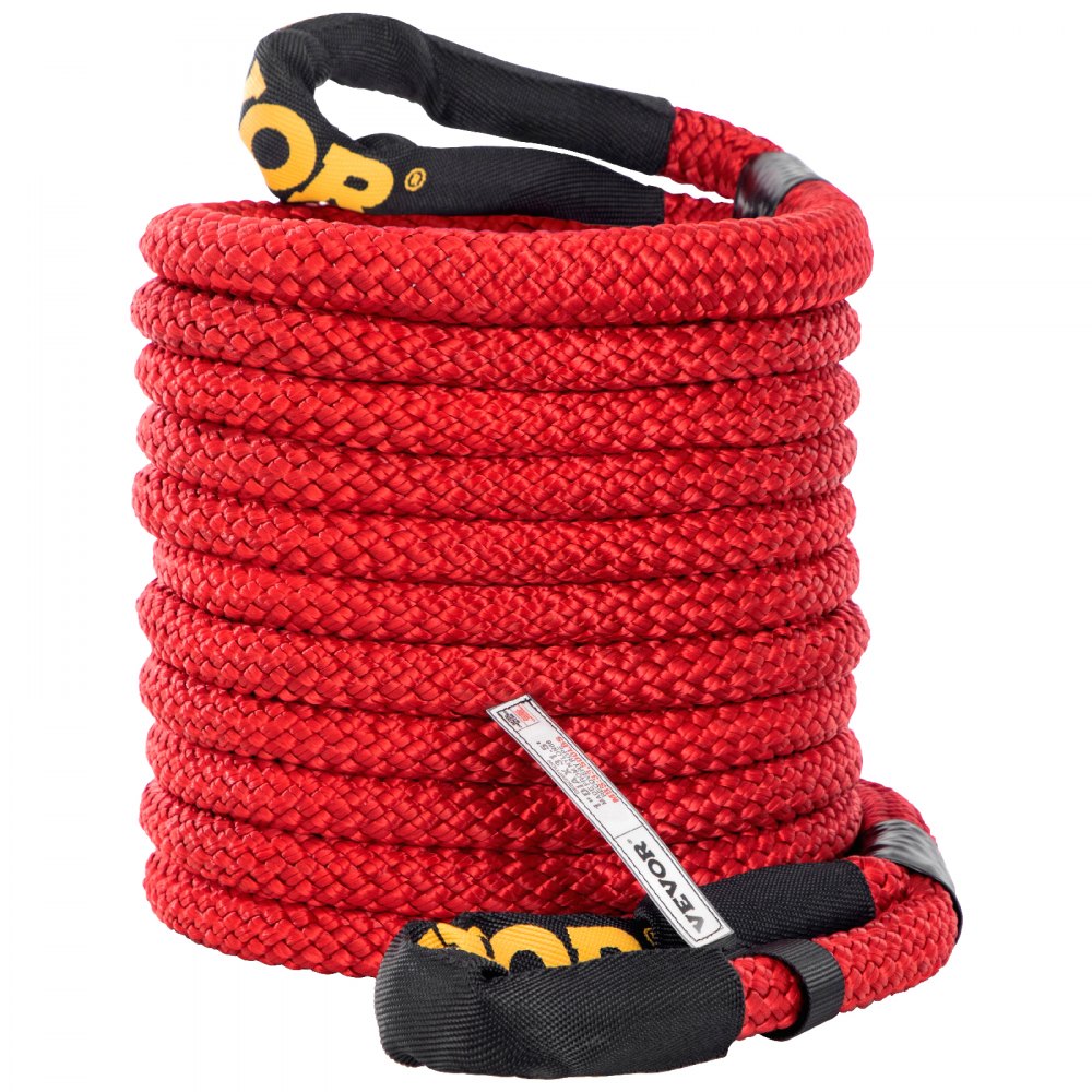 VEVOR 1" x 31.5' Recovery Tow Rope, 33,500 lbs, Heavy Duty Nylon Double Braided Kinetic Energy Rope w/ Loops and Protective Sleeves, for Truck Off-Road Vehicle ATV UTV, Carry Bag Included, Red 