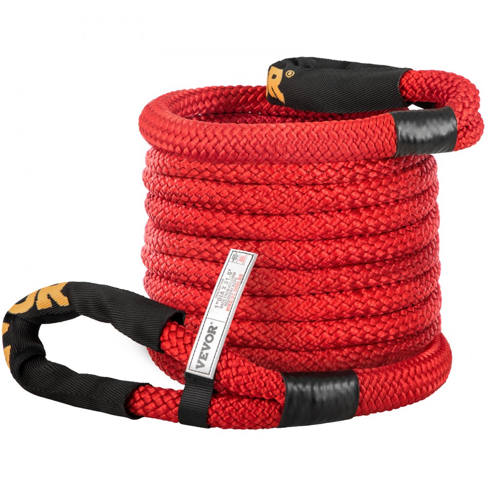 VEVOR 1" x 31.5' Recovery Tow Rope, 33,500 lbs, Heavy Duty Nylon Double Braided Kinetic Energy Rope w/ Loops and Protective Sleeves, for Truck Off-Road Vehicle ATV UTV, Carry Bag Included, Red 