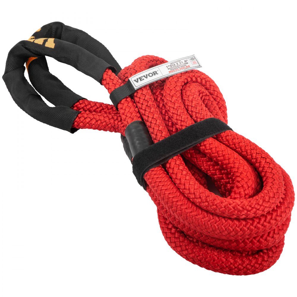 VEVOR 1" x 31.5' Recovery Tow Rope, 33,500 lbs, Heavy Duty Nylon Double Braided Kinetic Energy Rope w/ Loops and Protective Sleeves, for Truck Off-Road Vehicle ATV UTV, Carry Bag Included, Red 