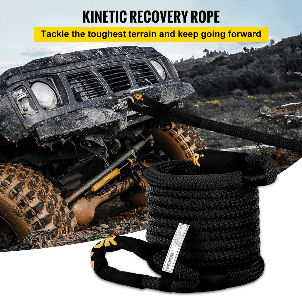 VEVOR 1" x 31.5' Kinetic Recovery Tow Rope, 33,500 lbs, Heavy Duty Double Braided Kinetic Energy Rope w/ Loops and Protective Sleeves, for Truck Off-Road Vehicle ATV UTV, Carry Bag Included, Black 
