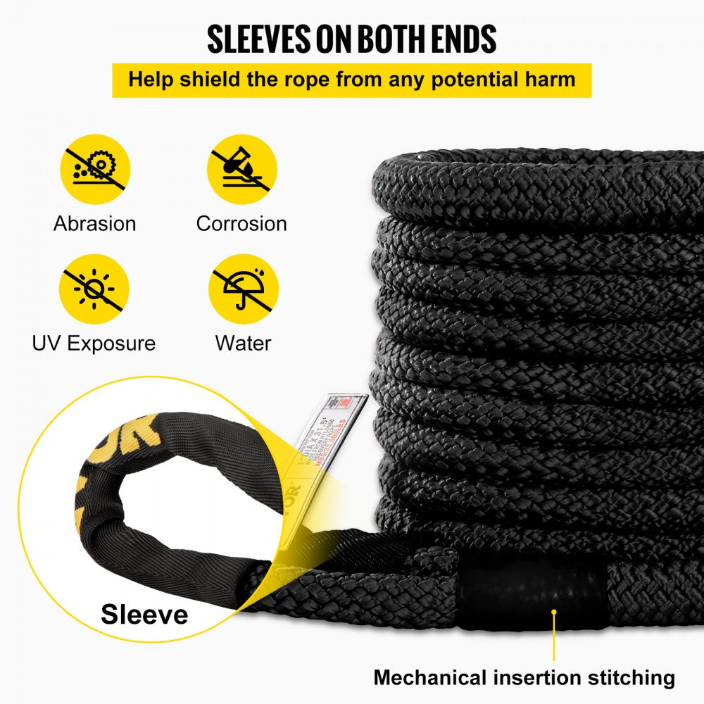 VEVOR 1" x 31.5' Kinetic Recovery Tow Rope, 33,500 lbs, Heavy Duty Double Braided Kinetic Energy Rope w/ Loops and Protective Sleeves, for Truck Off-Road Vehicle ATV UTV, Carry Bag Included, Black 