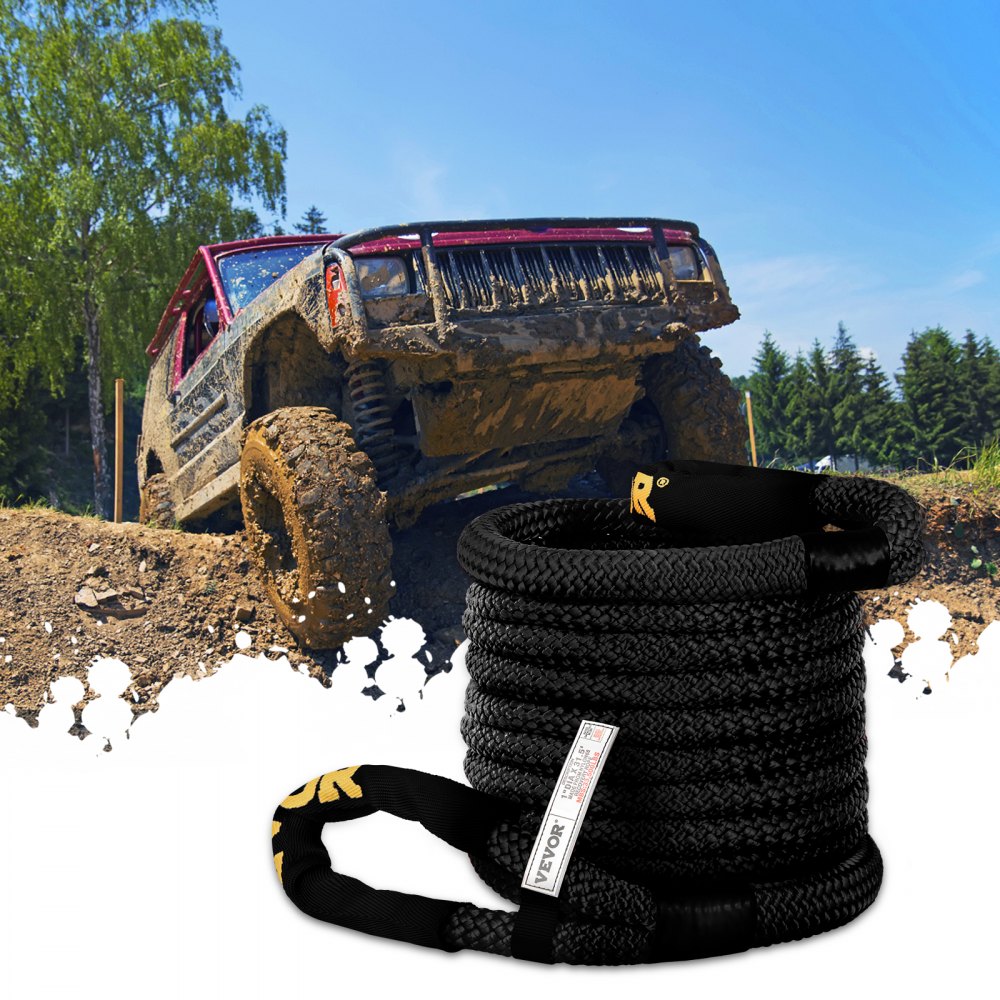 VEVOR 1" x 31.5' Kinetic Recovery Tow Rope, 33,500 lbs, Heavy Duty Double Braided Kinetic Energy Rope w/ Loops and Protective Sleeves, for Truck Off-Road Vehicle ATV UTV, Carry Bag Included, Black 
