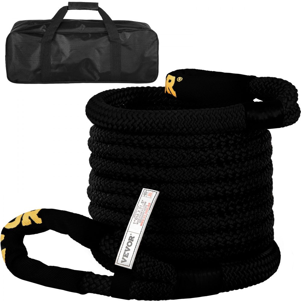 VEVOR 1" x 31.5' Kinetic Recovery Tow Rope, 33,500 lbs, Heavy Duty Double Braided Kinetic Energy Rope w/ Loops and Protective Sleeves, for Truck Off-Road Vehicle ATV UTV, Carry Bag Included, Black 