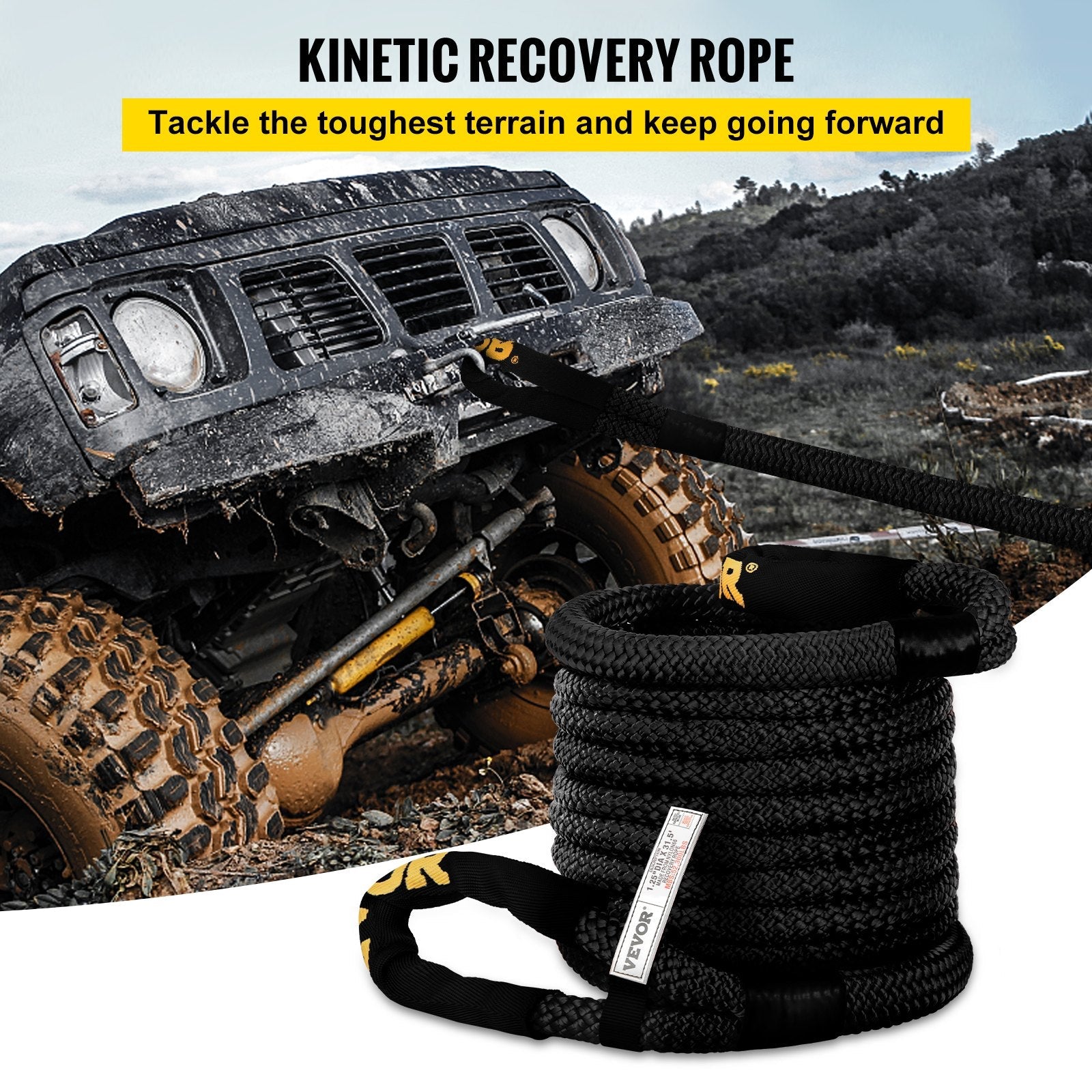 VEVOR 1-1/4" x 31.5' Recovery Tow Rope, 52,300 lbs, Heavy Duty Nylon Double Braided Kinetic Energy Rope w/ Loops and Protective Sleeves, for Truck Off-Road Vehicle ATV UTV, Carry Bag Included, Black 