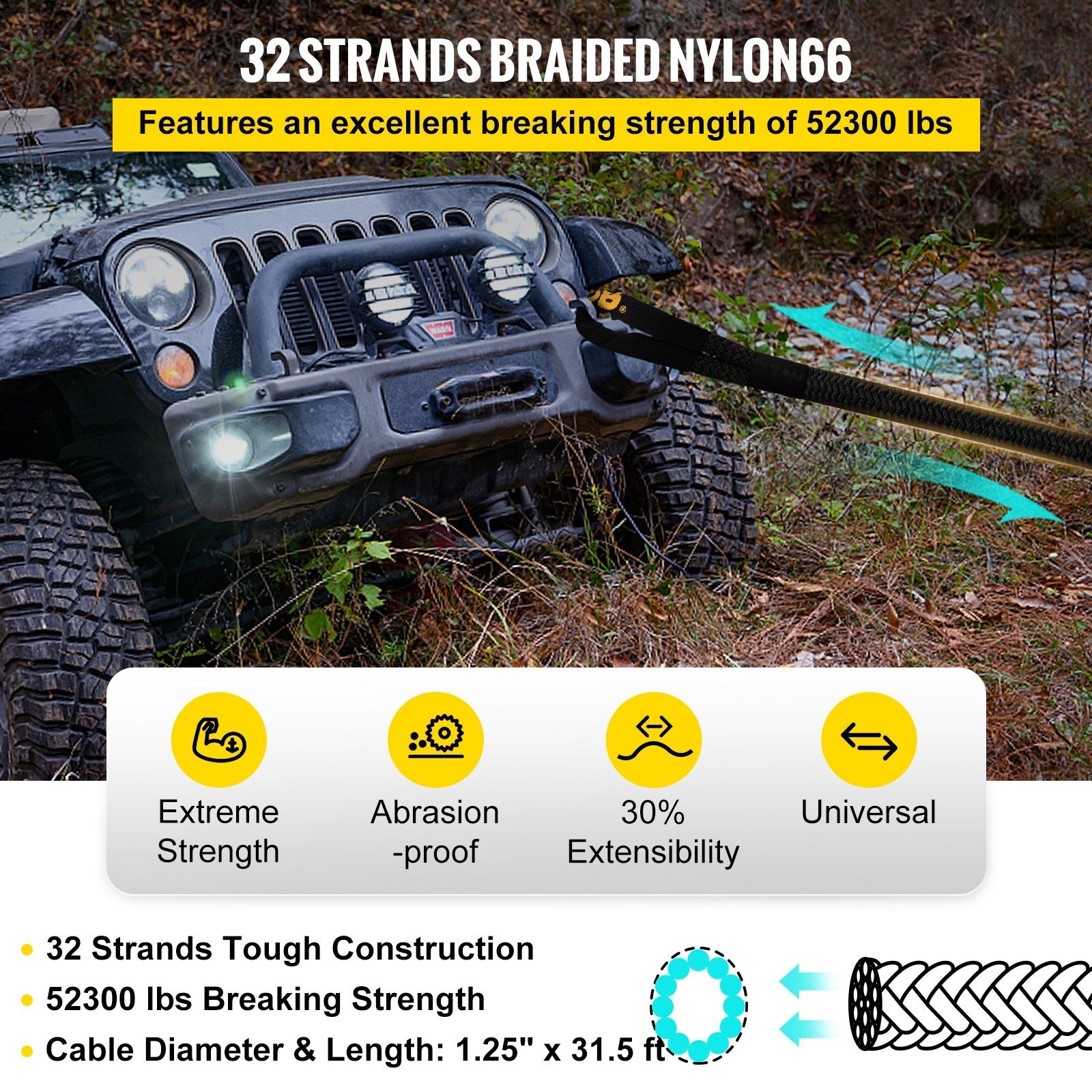 VEVOR 1-1/4" x 31.5' Recovery Tow Rope, 52,300 lbs, Heavy Duty Nylon Double Braided Kinetic Energy Rope w/ Loops and Protective Sleeves, for Truck Off-Road Vehicle ATV UTV, Carry Bag Included, Black 
