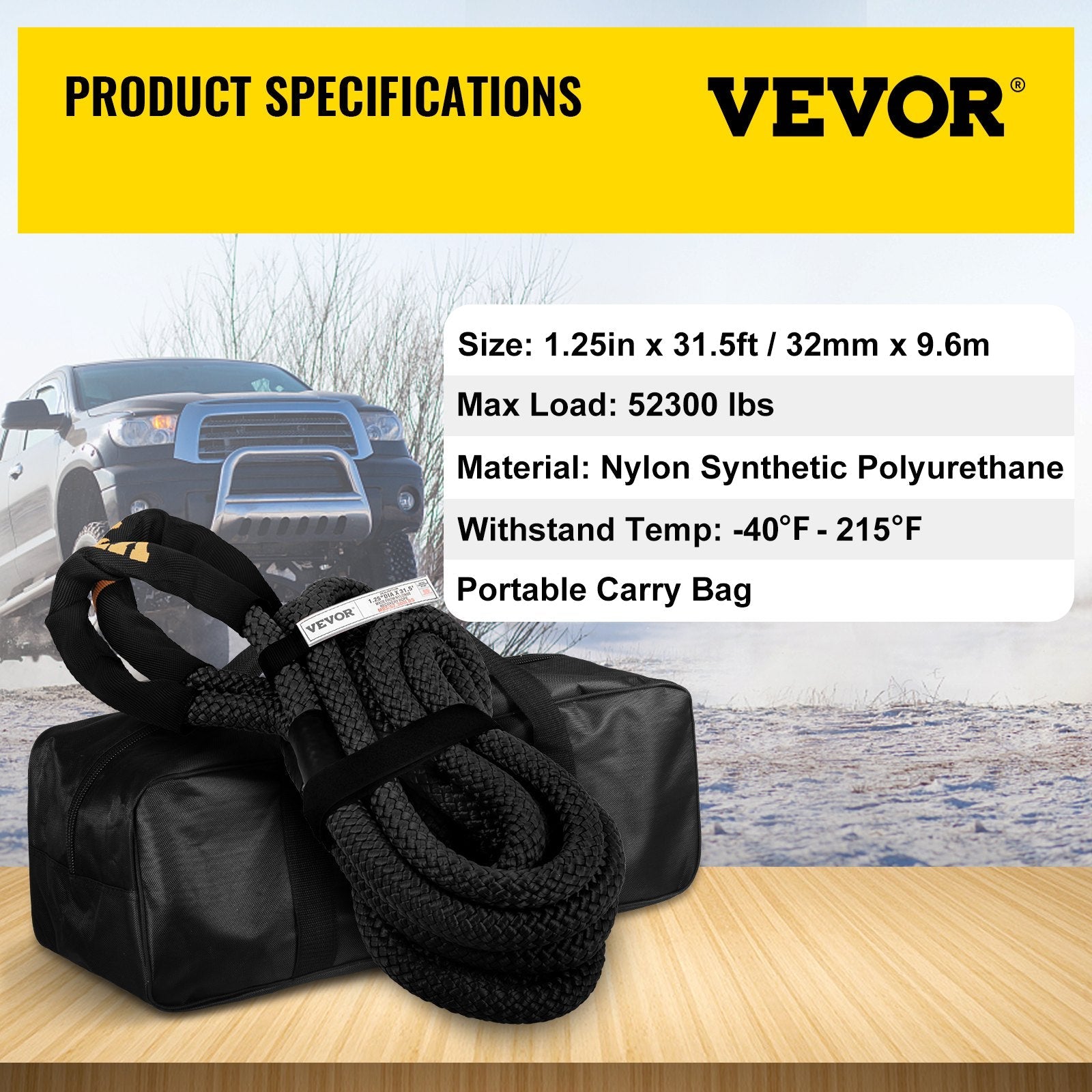 VEVOR 1-1/4" x 31.5' Recovery Tow Rope, 52,300 lbs, Heavy Duty Nylon Double Braided Kinetic Energy Rope w/ Loops and Protective Sleeves, for Truck Off-Road Vehicle ATV UTV, Carry Bag Included, Black 