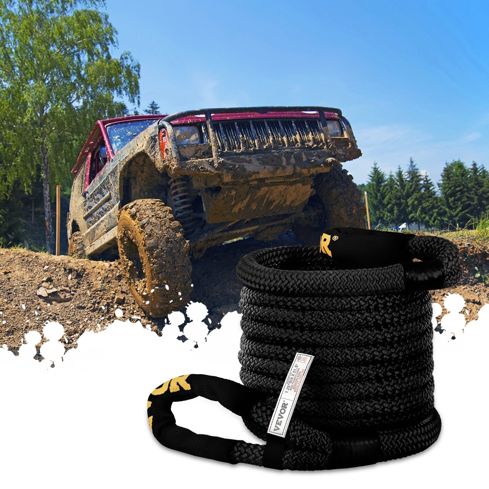VEVOR 1-1/4" x 31.5' Recovery Tow Rope, 52,300 lbs, Heavy Duty Nylon Double Braided Kinetic Energy Rope w/ Loops and Protective Sleeves, for Truck Off-Road Vehicle ATV UTV, Carry Bag Included, Black 