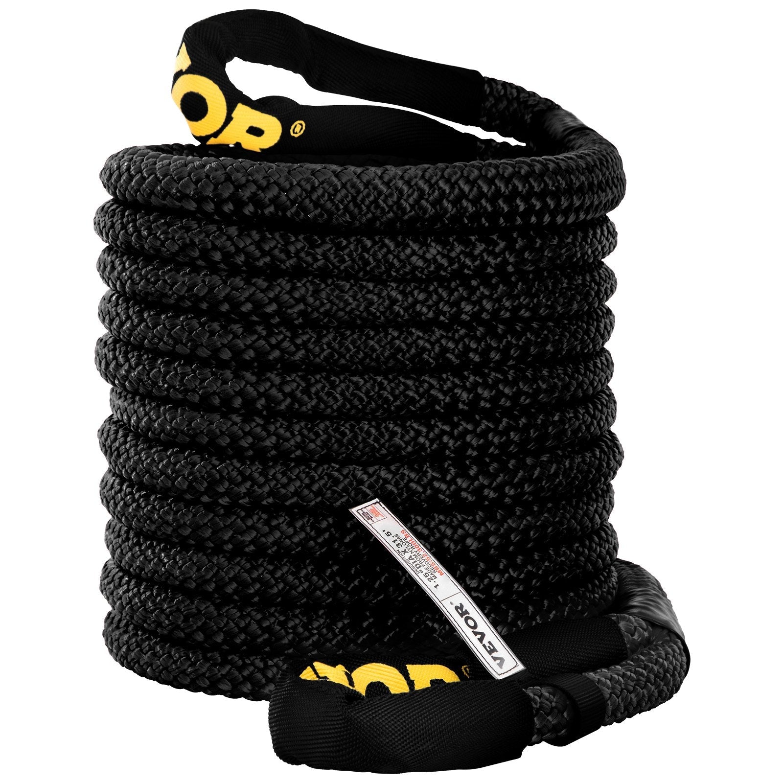 VEVOR 1-1/4" x 31.5' Recovery Tow Rope, 52,300 lbs, Heavy Duty Nylon Double Braided Kinetic Energy Rope w/ Loops and Protective Sleeves, for Truck Off-Road Vehicle ATV UTV, Carry Bag Included, Black 