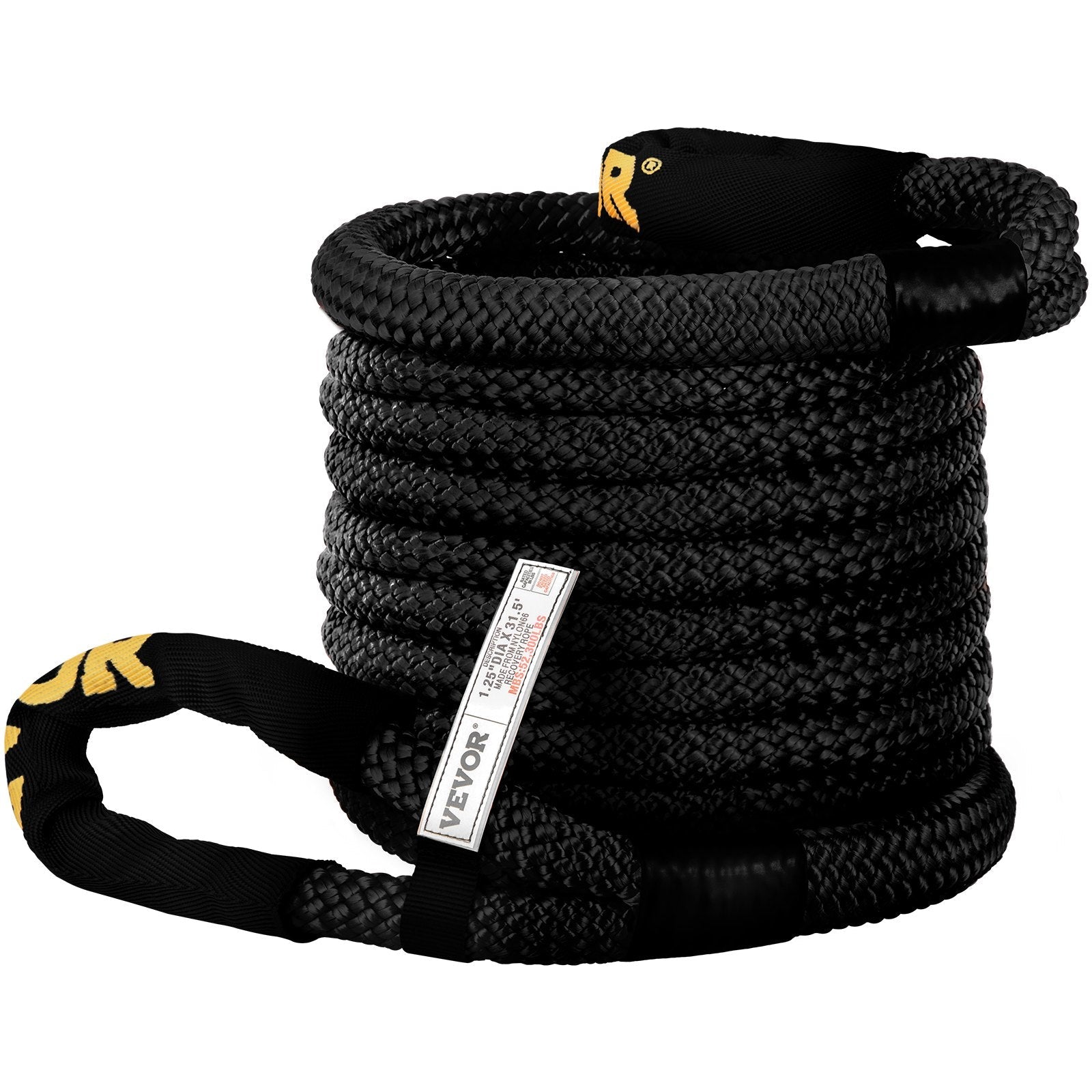 VEVOR 1-1/4" x 31.5' Recovery Tow Rope, 52,300 lbs, Heavy Duty Nylon Double Braided Kinetic Energy Rope w/ Loops and Protective Sleeves, for Truck Off-Road Vehicle ATV UTV, Carry Bag Included, Black 