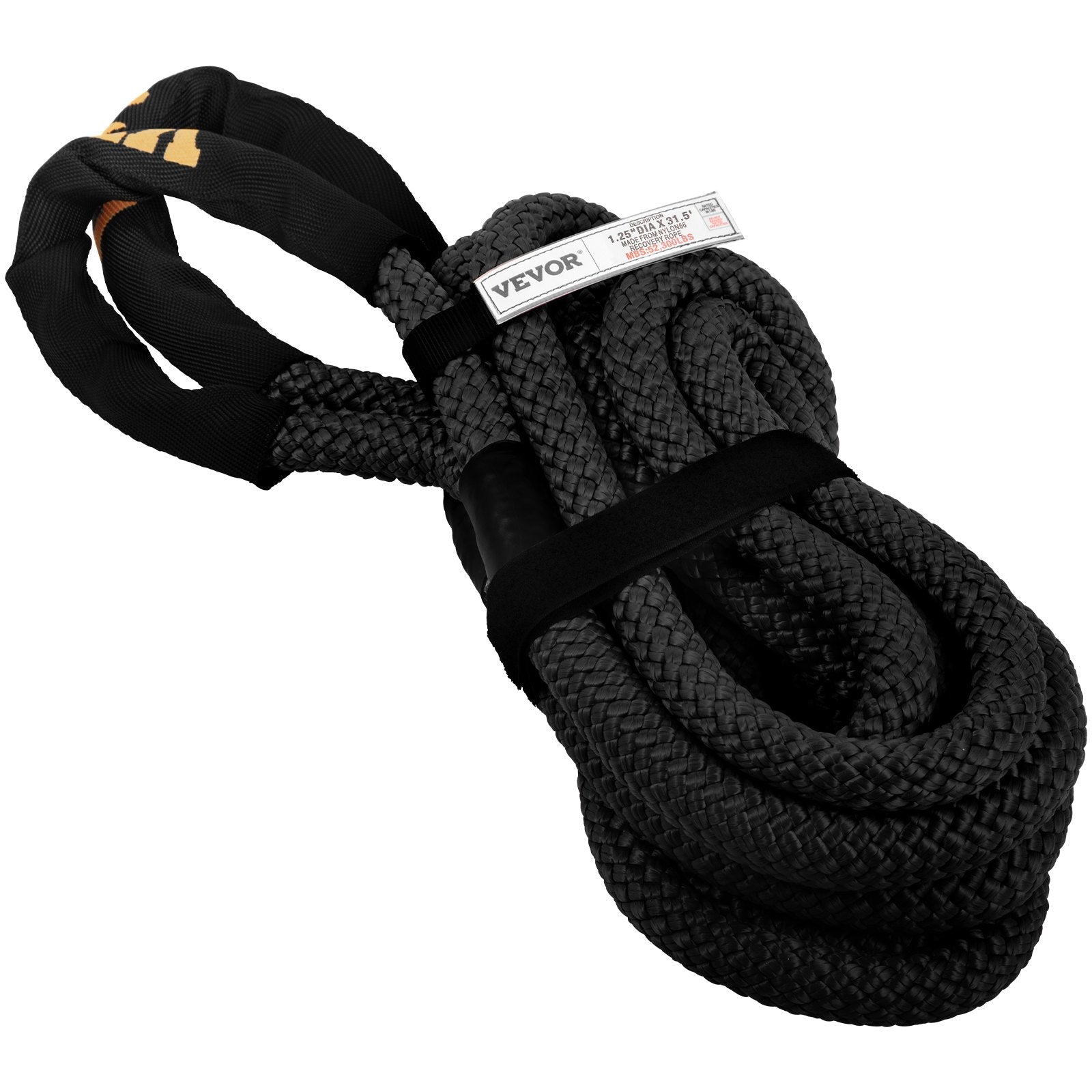 VEVOR 1-1/4" x 31.5' Recovery Tow Rope, 52,300 lbs, Heavy Duty Nylon Double Braided Kinetic Energy Rope w/ Loops and Protective Sleeves, for Truck Off-Road Vehicle ATV UTV, Carry Bag Included, Black 