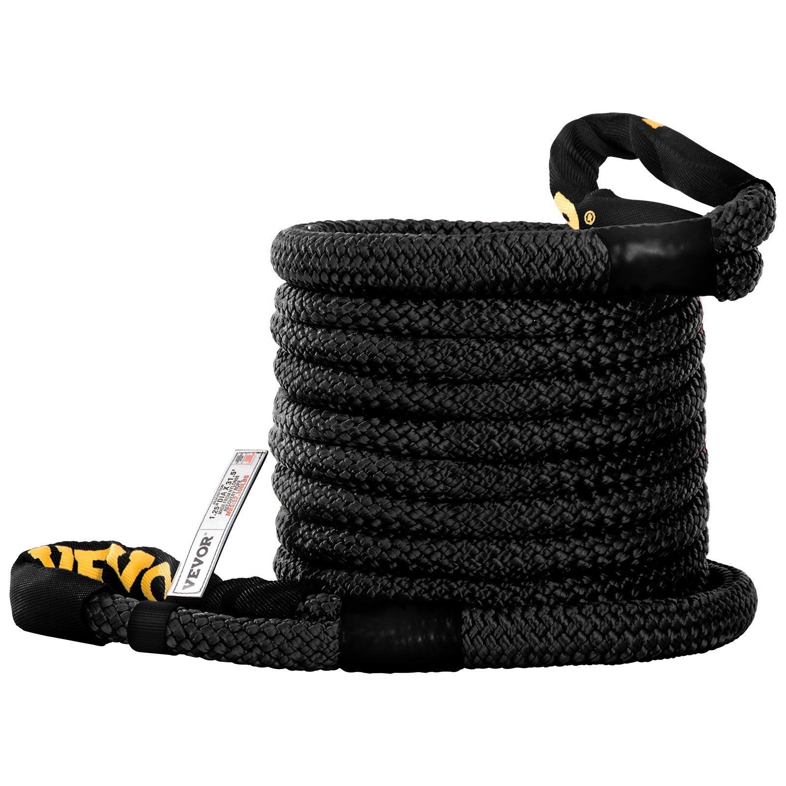 VEVOR 1-1/4" x 31.5' Recovery Tow Rope, 52,300 lbs, Heavy Duty Nylon Double Braided Kinetic Energy Rope w/ Loops and Protective Sleeves, for Truck Off-Road Vehicle ATV UTV, Carry Bag Included, Black 