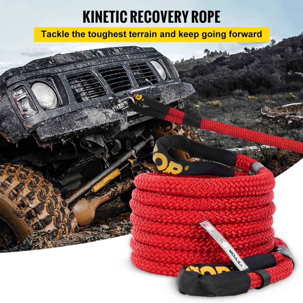 VEVOR 7/8" x 21' Kinetic Recovery Rope, 21,970 lbs, Heavy Duty Nylon Double Braided Kinetic Energy Rope w/ Loops and Protective Sleeves, for Truck Off-Road Vehicle ATV UTV, Carry Bag Included, Red 